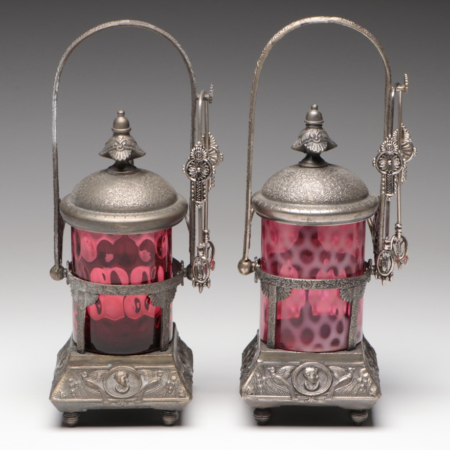 Fenton Cranberry Glass and Metal Pickle Casters, Early 20th Century