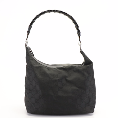 Gucci Bamboo Hobo Handbag in Black GG Nylon Canvas