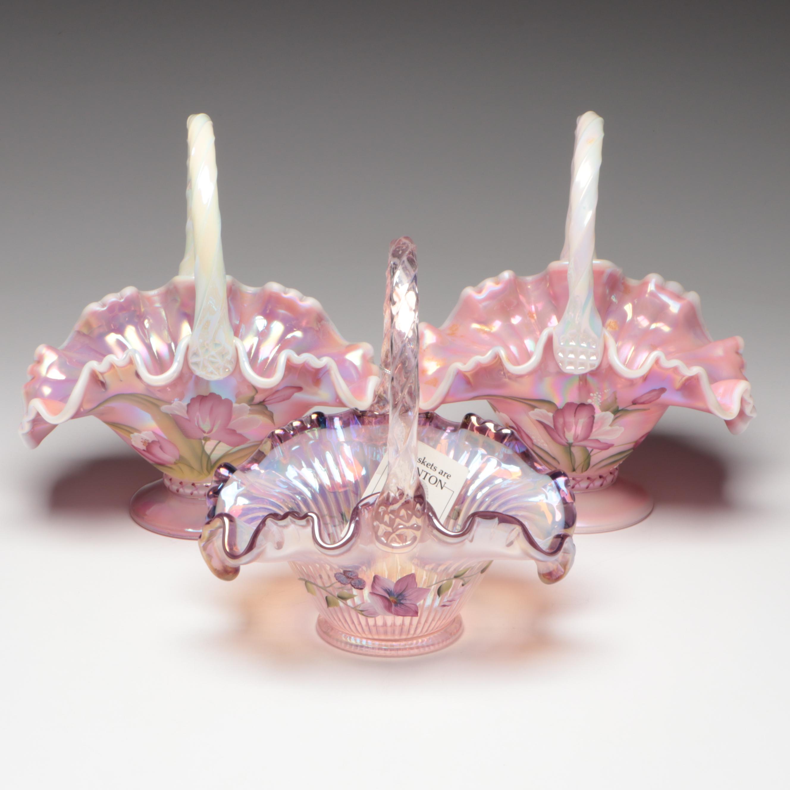 Fenton Ribbon Edge Pink Opalescent Candy Baskets, 1990s