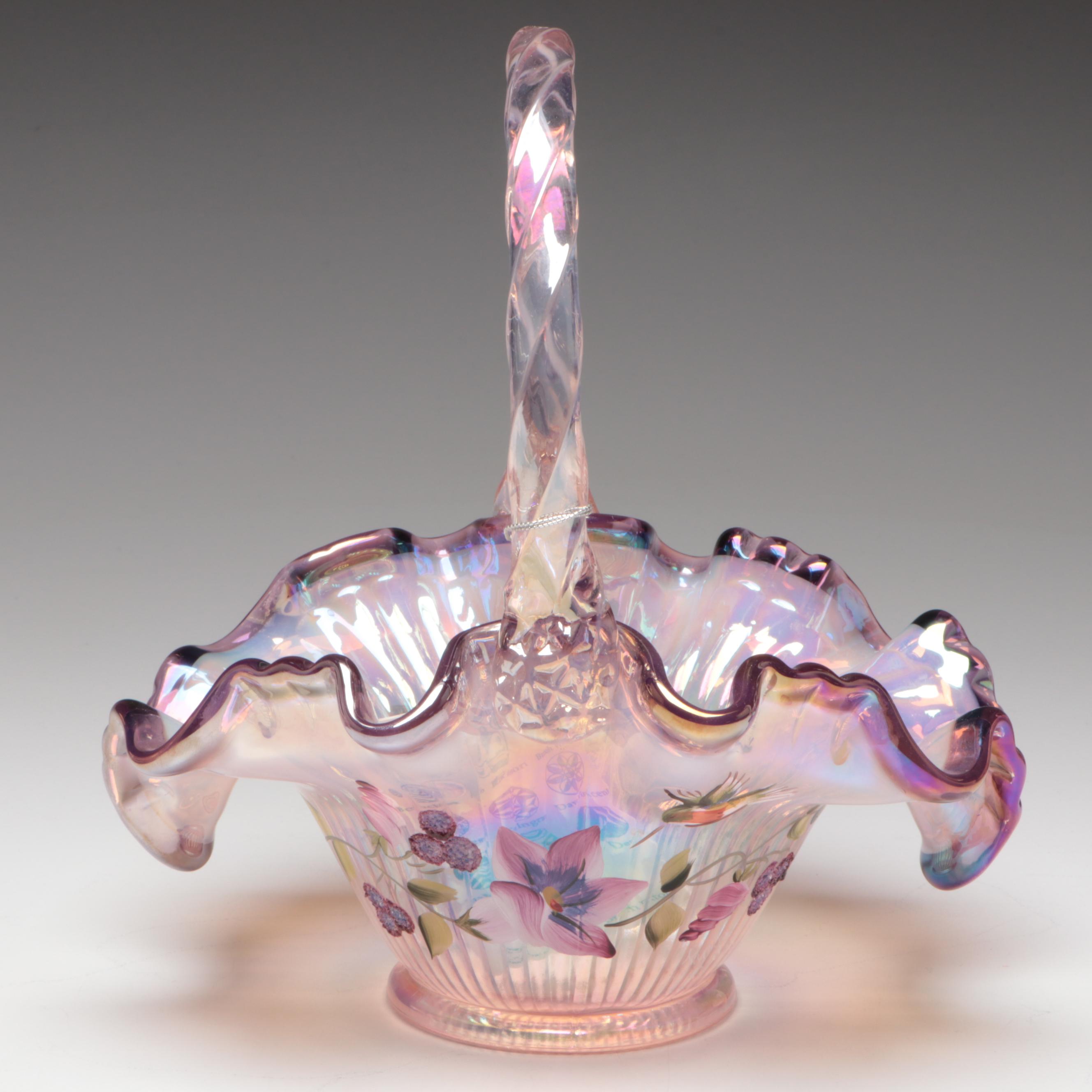 Fenton Ribbon Edge Pink Opalescent Candy Baskets, 1990s