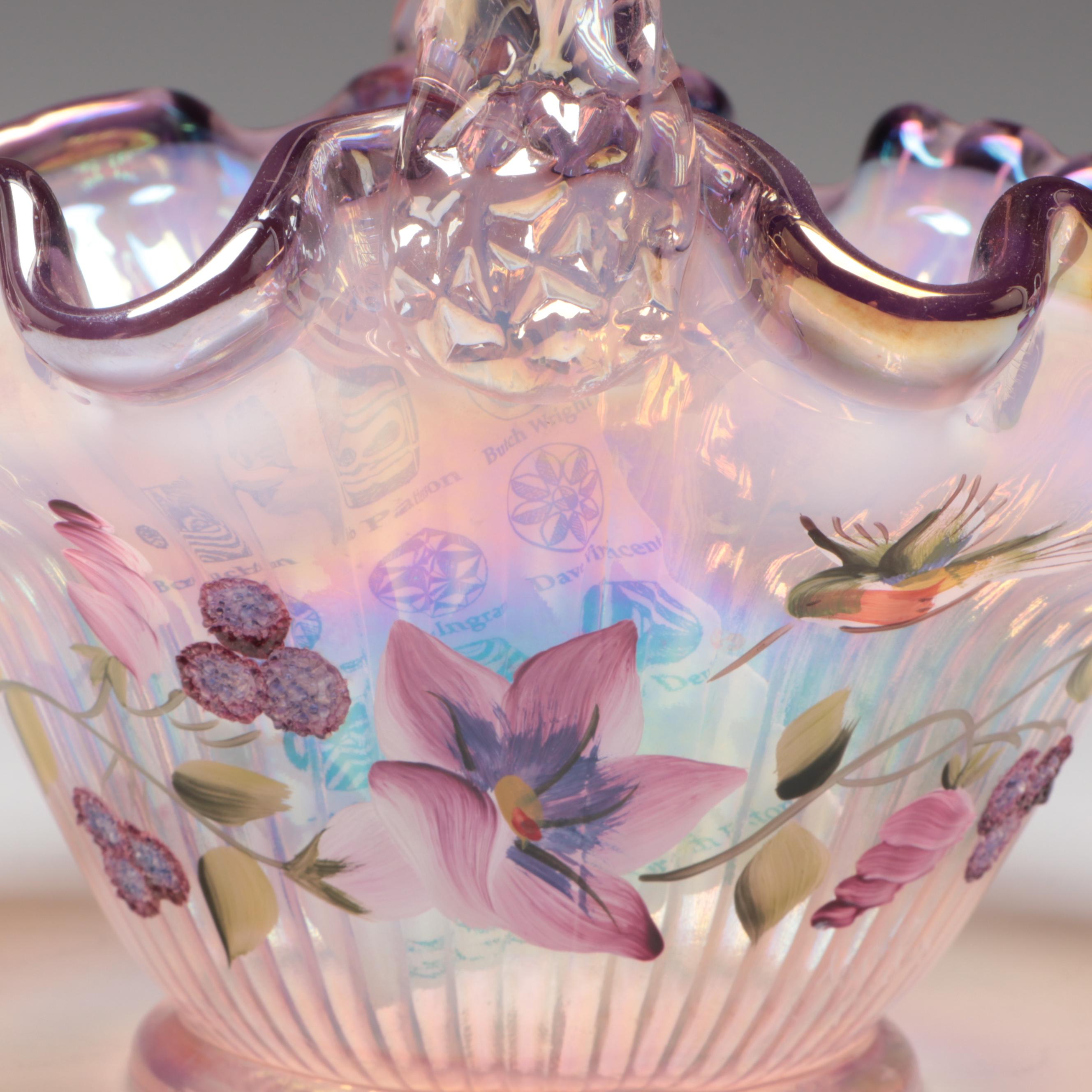 Fenton Ribbon Edge Pink Opalescent Candy Baskets, 1990s