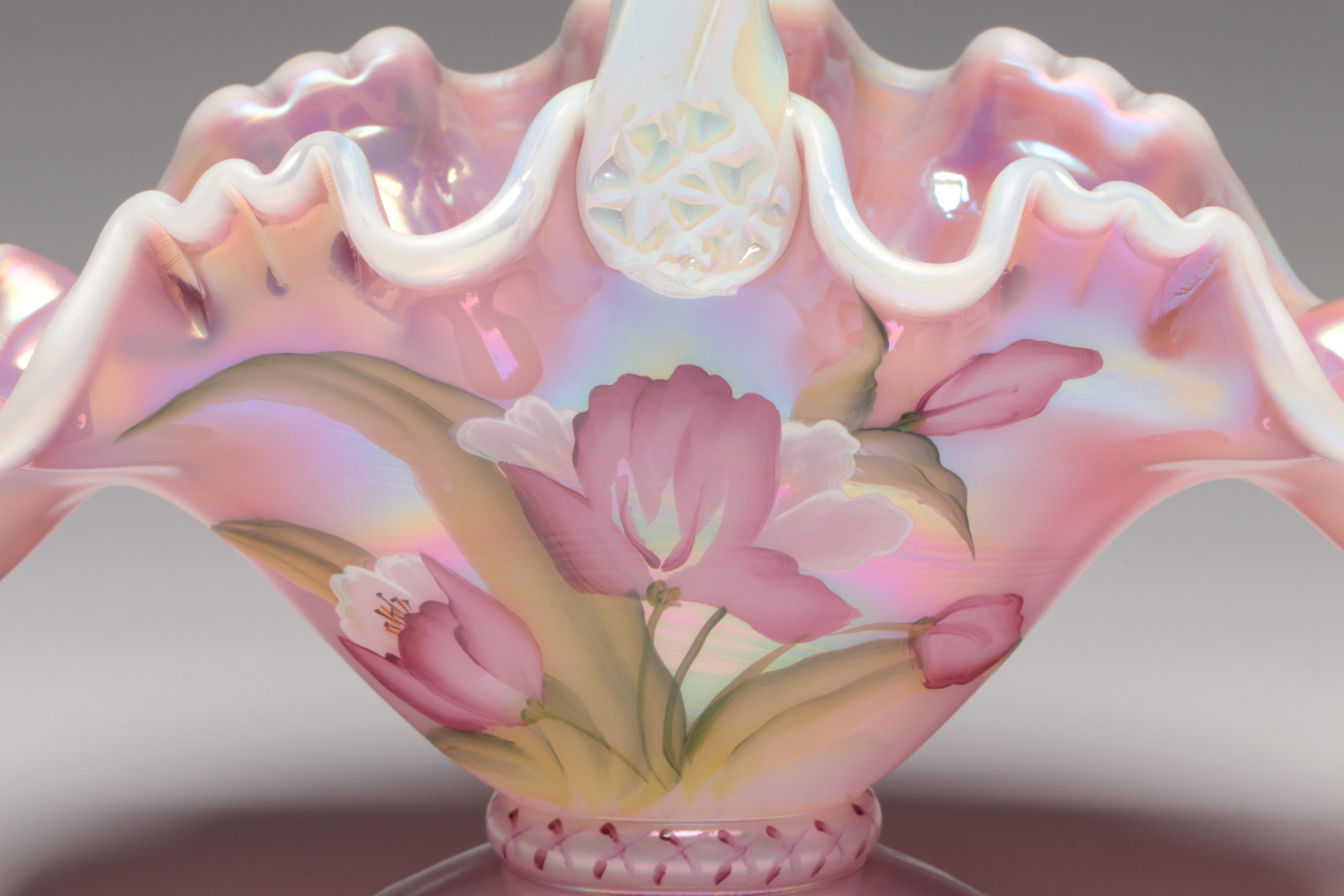 Fenton Ribbon Edge Pink Opalescent Candy Baskets, 1990s