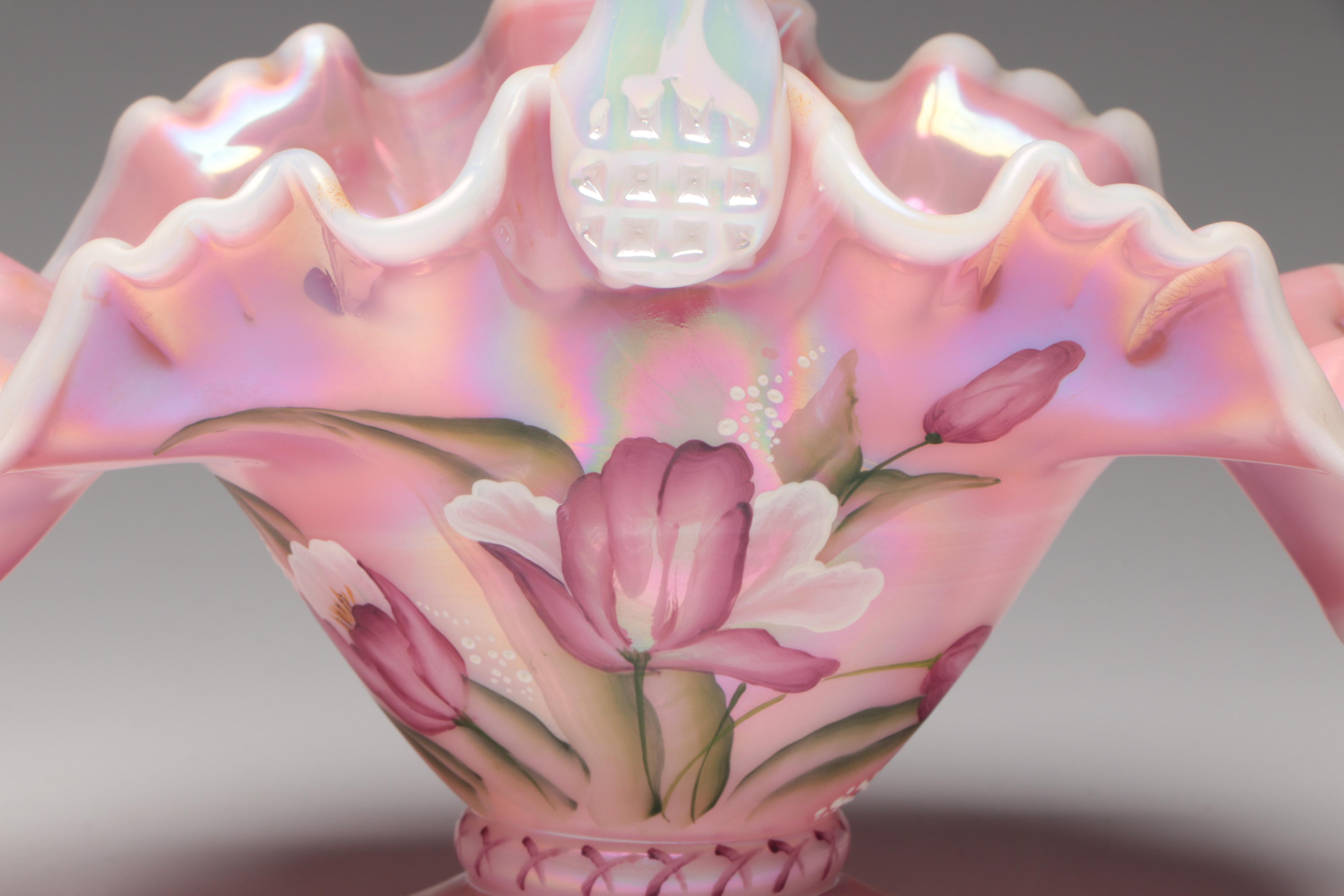 Fenton Ribbon Edge Pink Opalescent Candy Baskets, 1990s