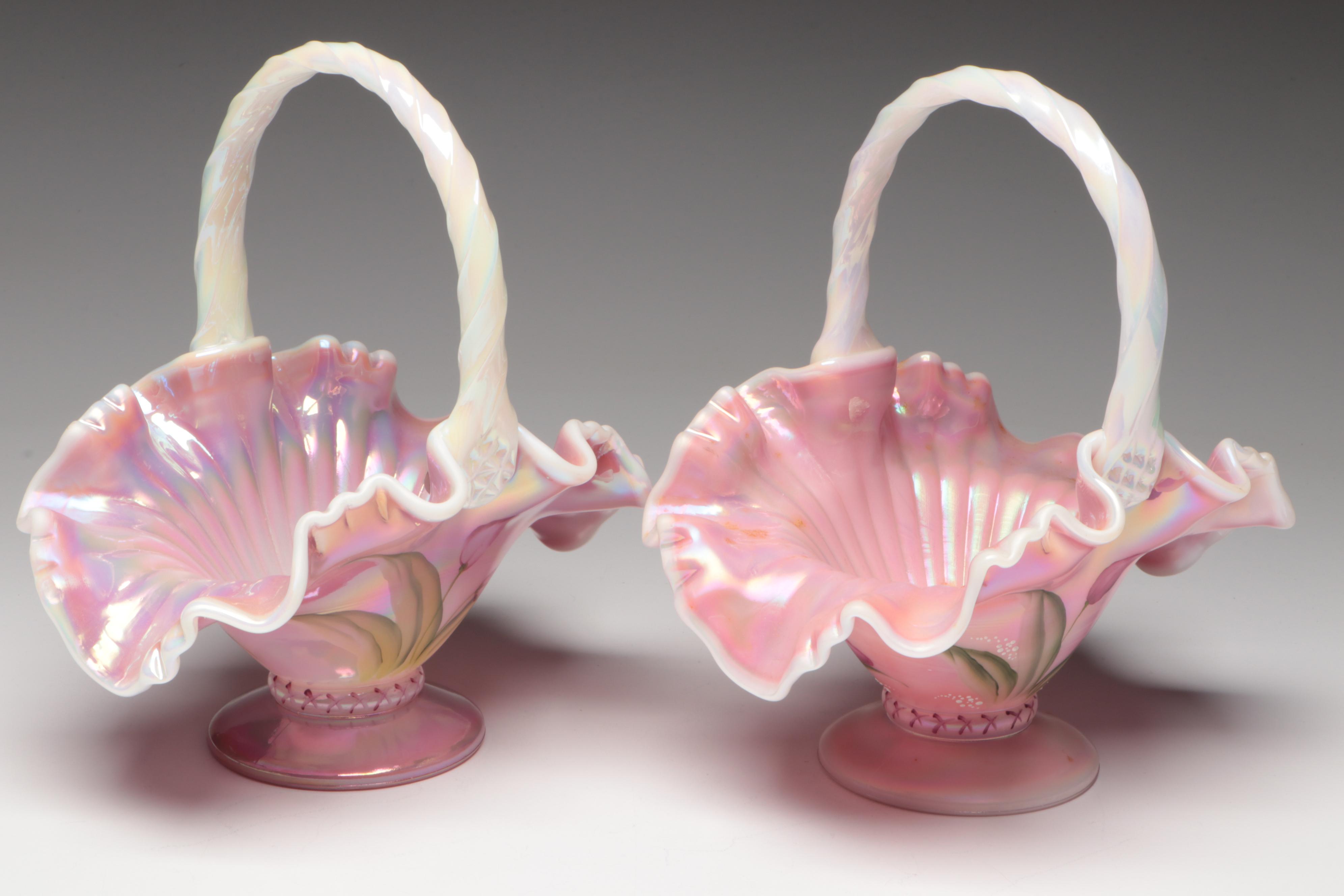 Fenton Ribbon Edge Pink Opalescent Candy Baskets, 1990s