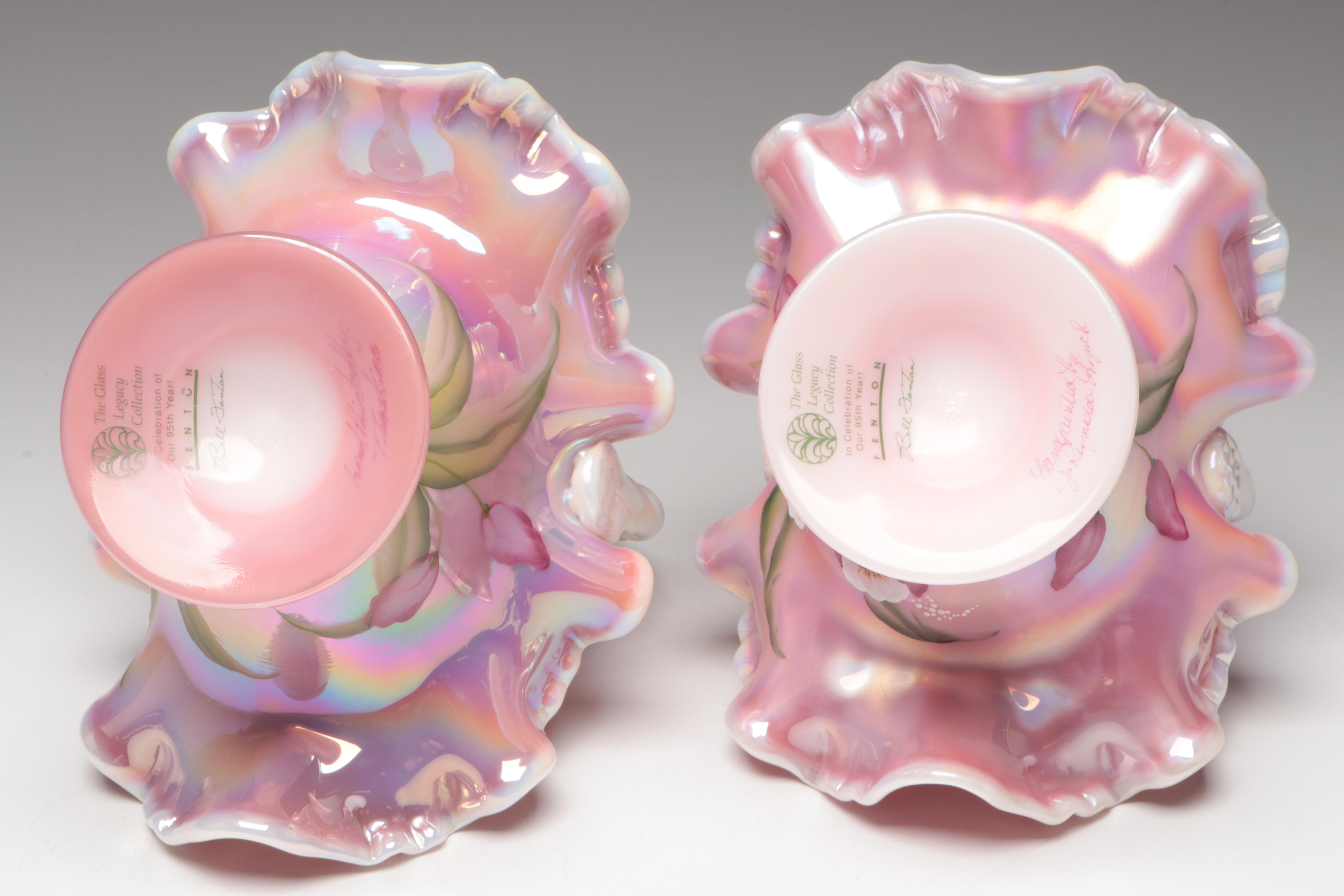 Fenton Ribbon Edge Pink Opalescent Candy Baskets, 1990s