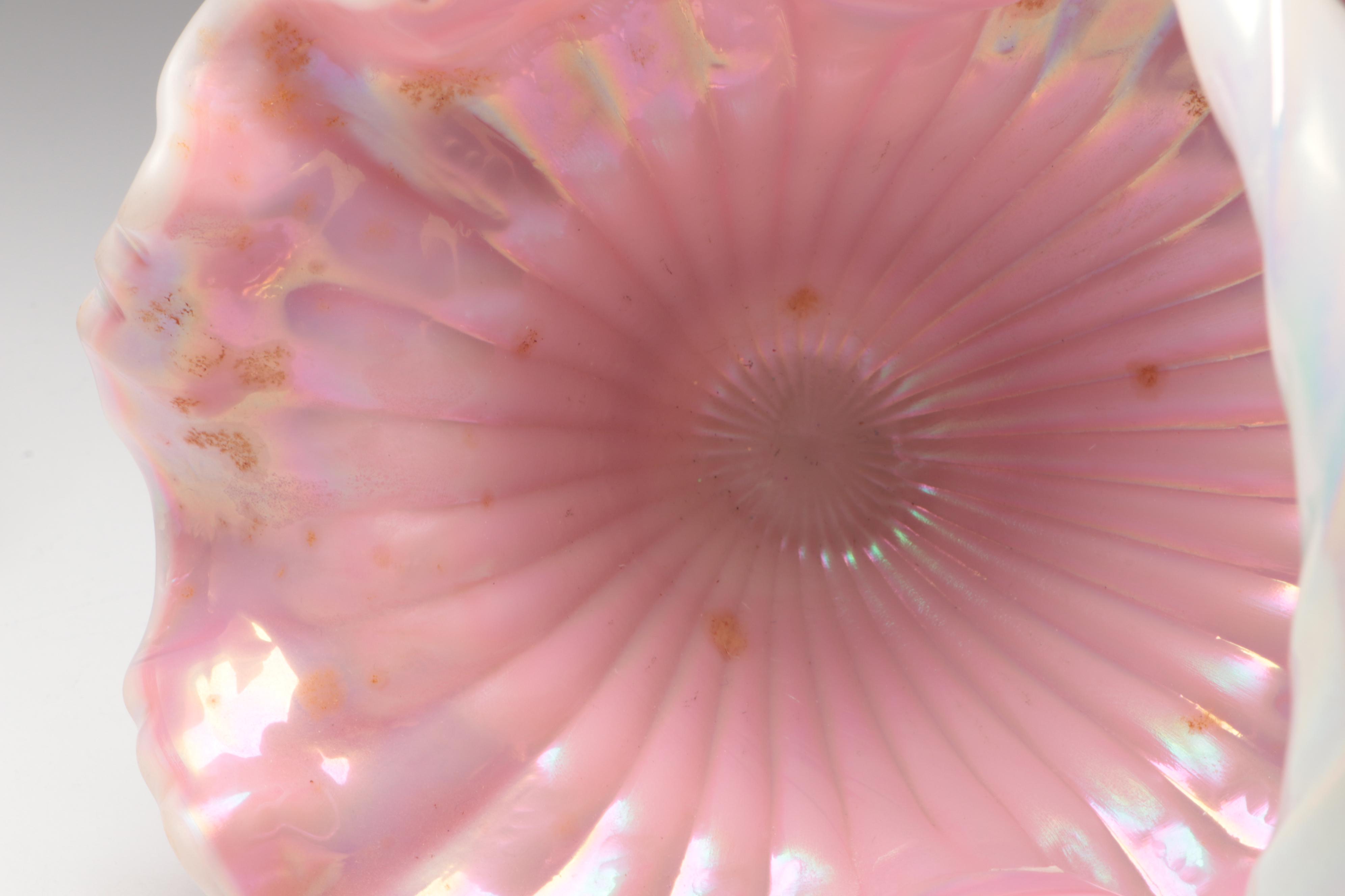 Fenton Ribbon Edge Pink Opalescent Candy Baskets, 1990s