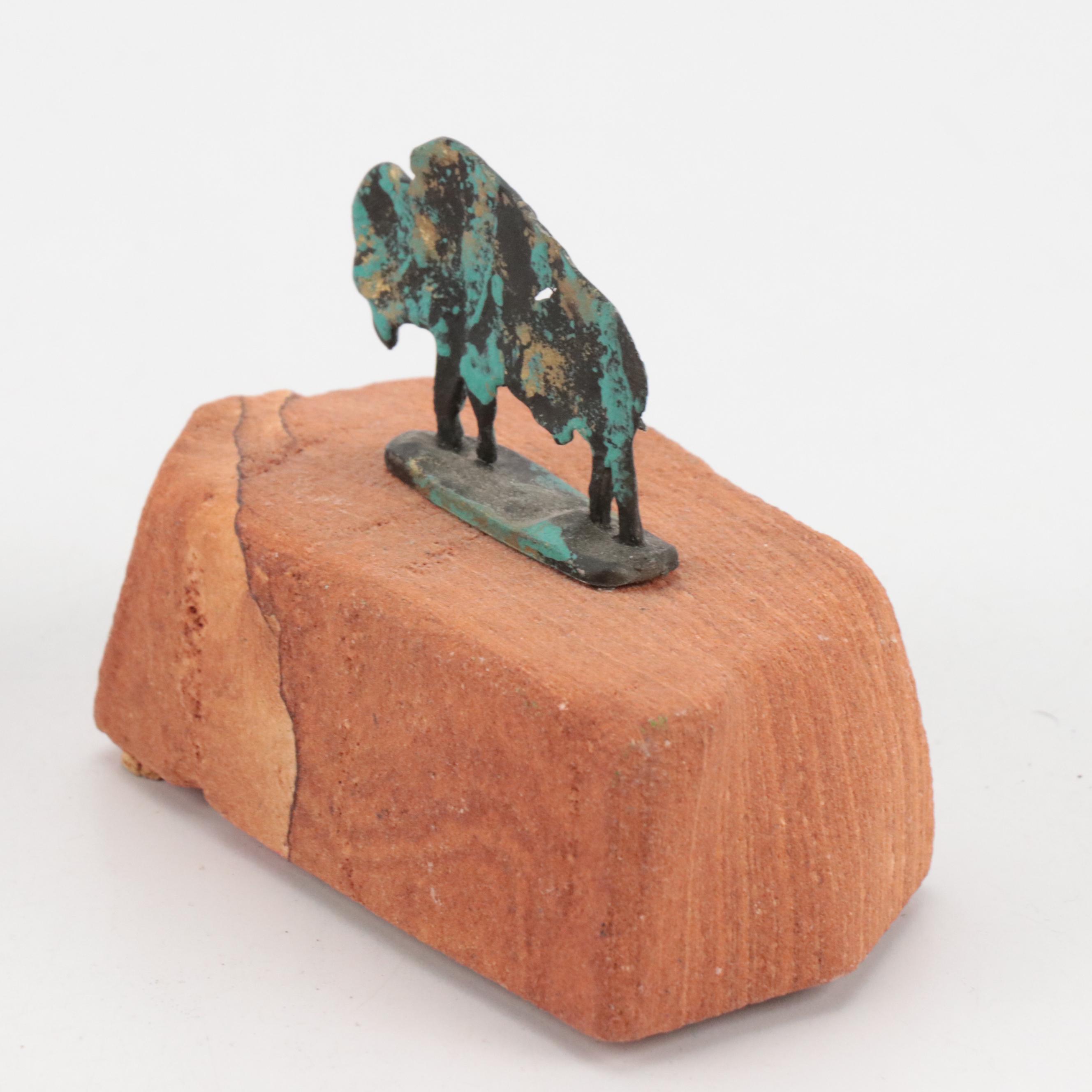 Signed Navajo Wedding Vase & Bowl, Cherokee Bowl, Bison Cutout on Base