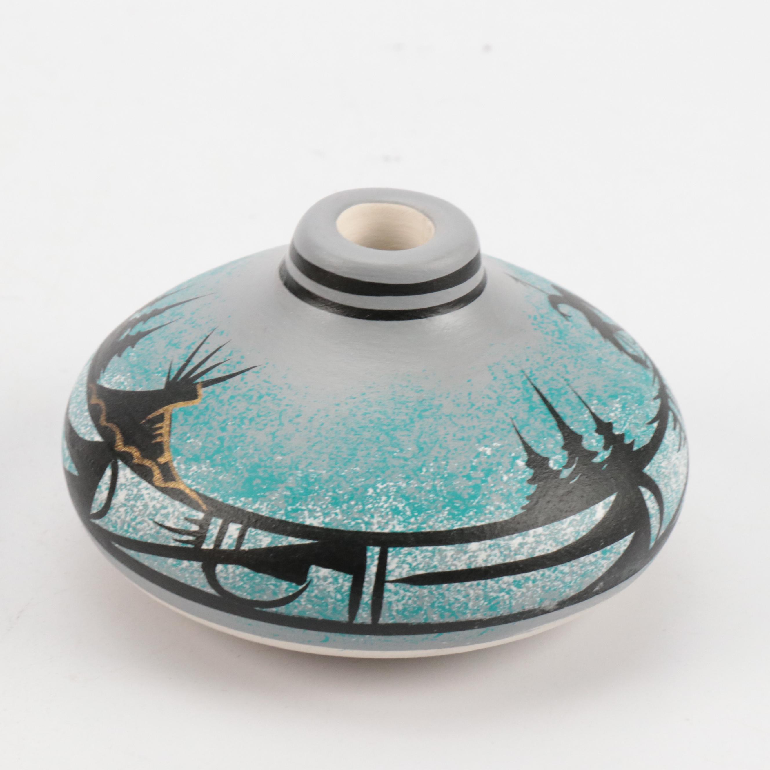 Signed Navajo Wedding Vase & Bowl, Cherokee Bowl, Bison Cutout on Base