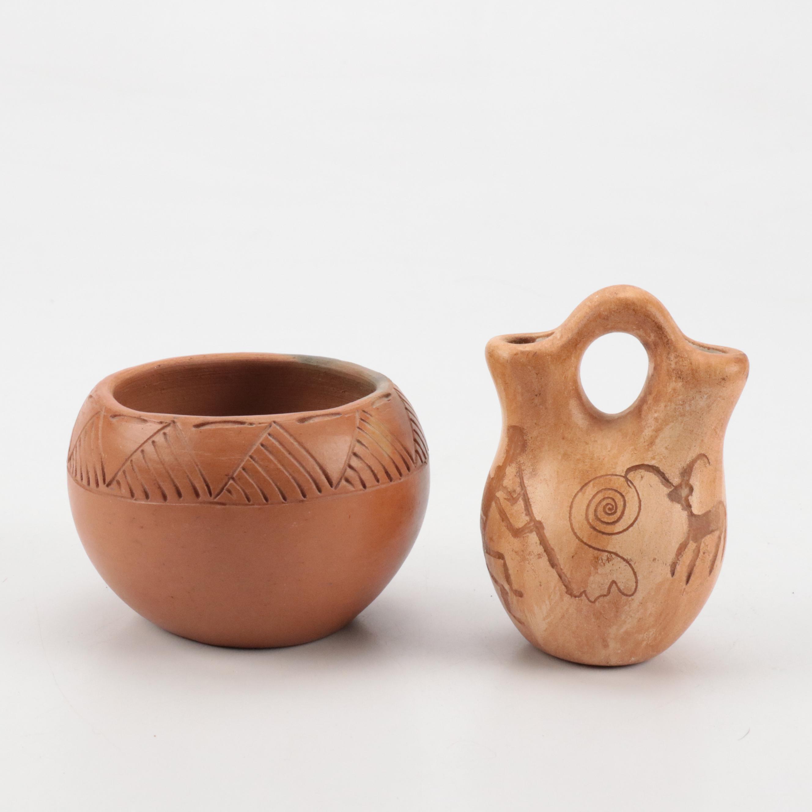 Signed Navajo Wedding Vase & Bowl, Cherokee Bowl, Bison Cutout on Base