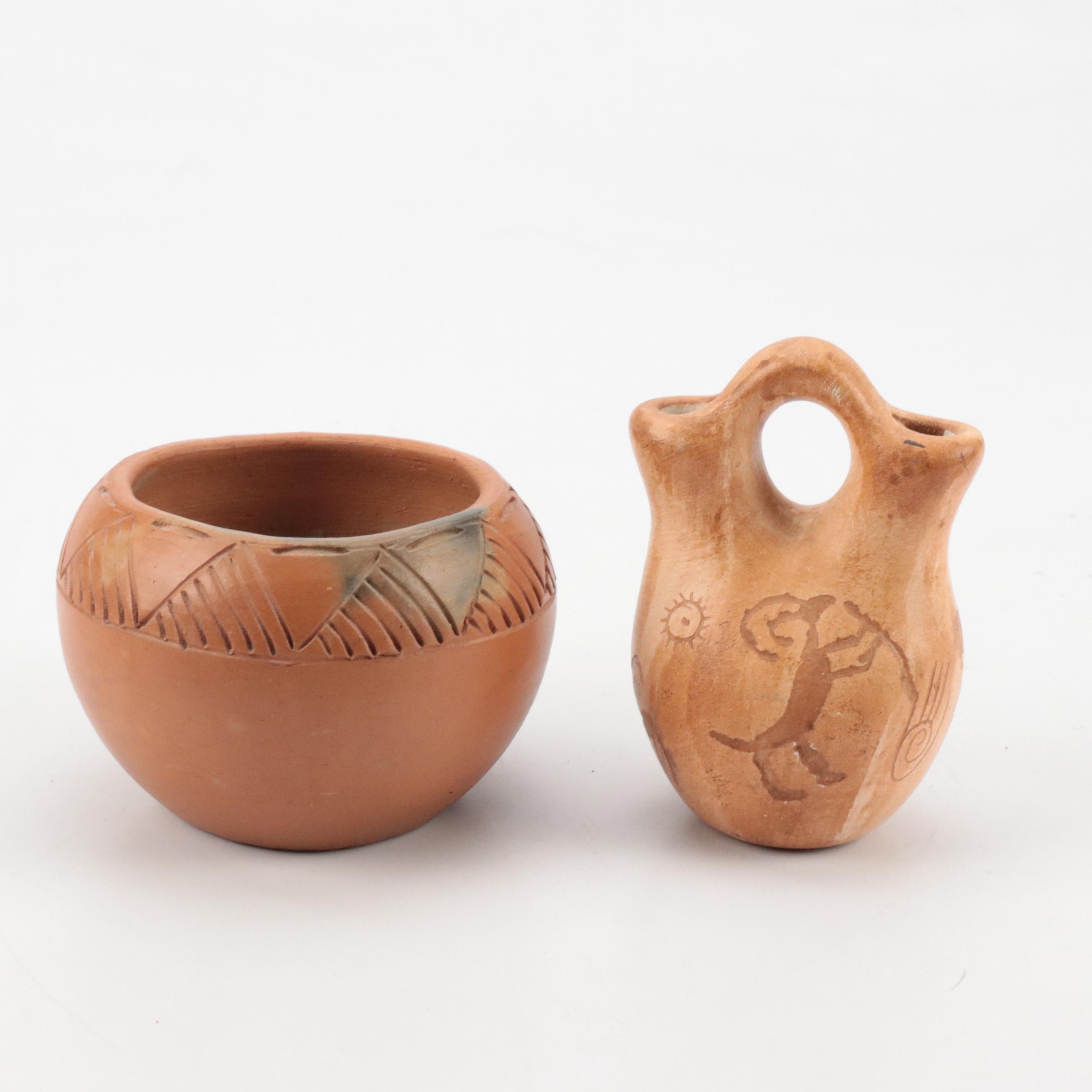 Signed Navajo Wedding Vase & Bowl, Cherokee Bowl, Bison Cutout on Base