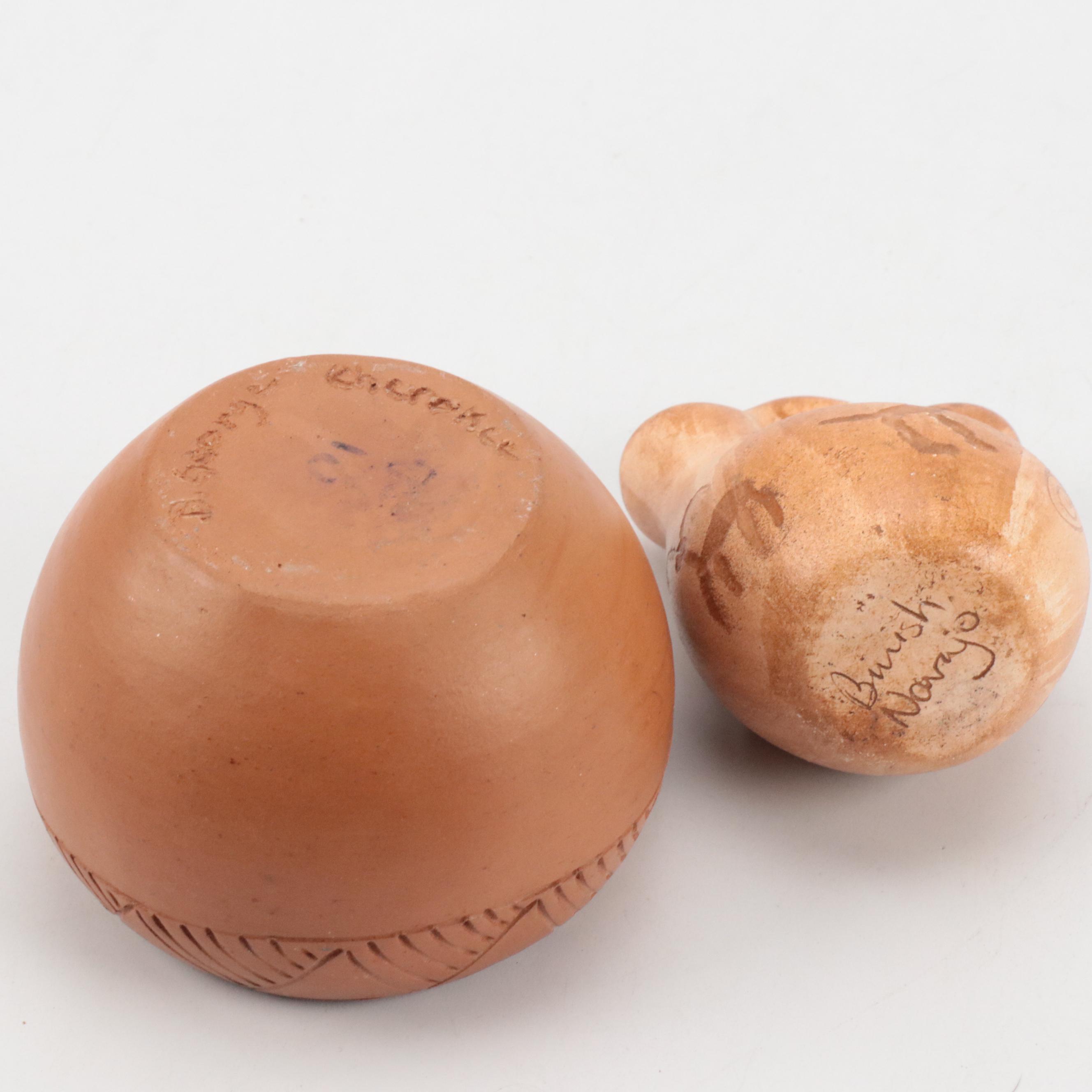 Signed Navajo Wedding Vase & Bowl, Cherokee Bowl, Bison Cutout on Base