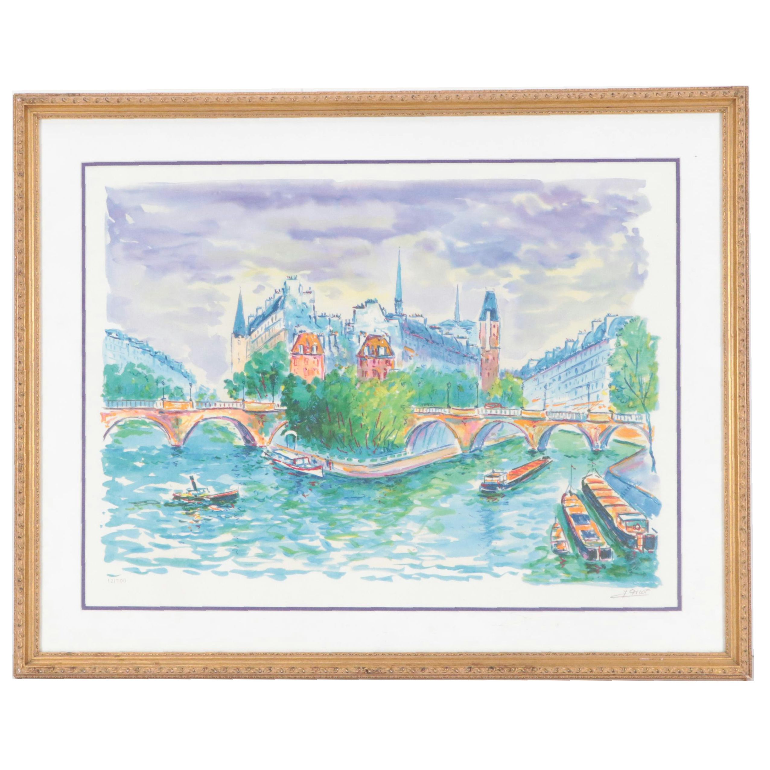 Jean-Claude Picot Seriolithograph of Parisian Cityscape "L'Île de la Cité"