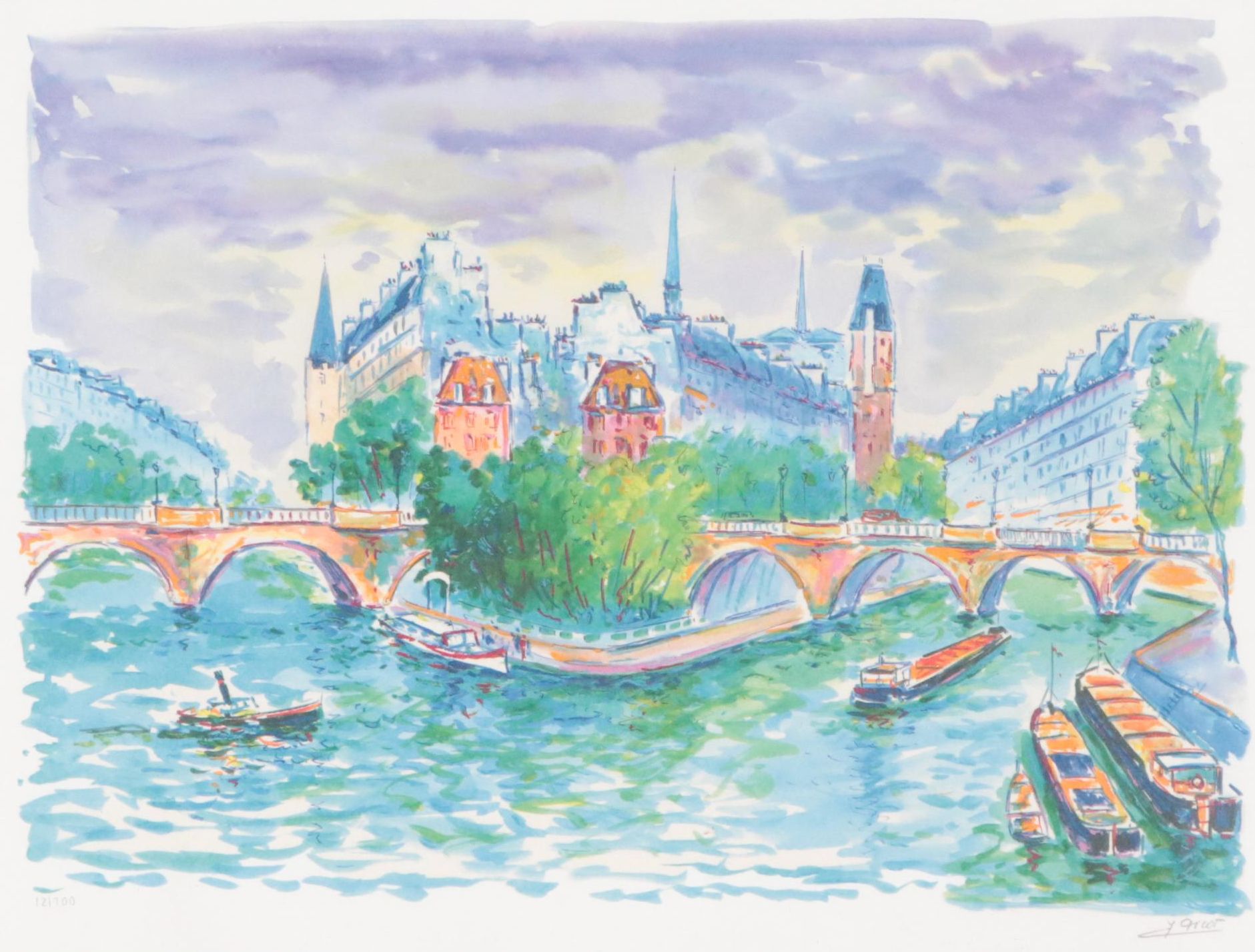 Jean-Claude Picot Seriolithograph of Parisian Cityscape "L'Île de la Cité"
