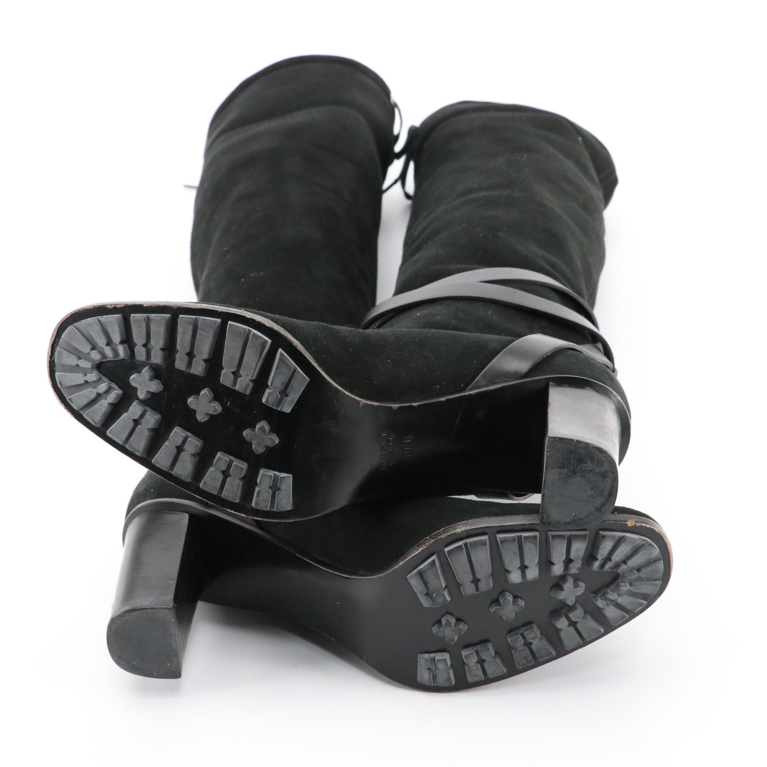 Gucci Sheepskin and Leather Strappy Knee-High Boots