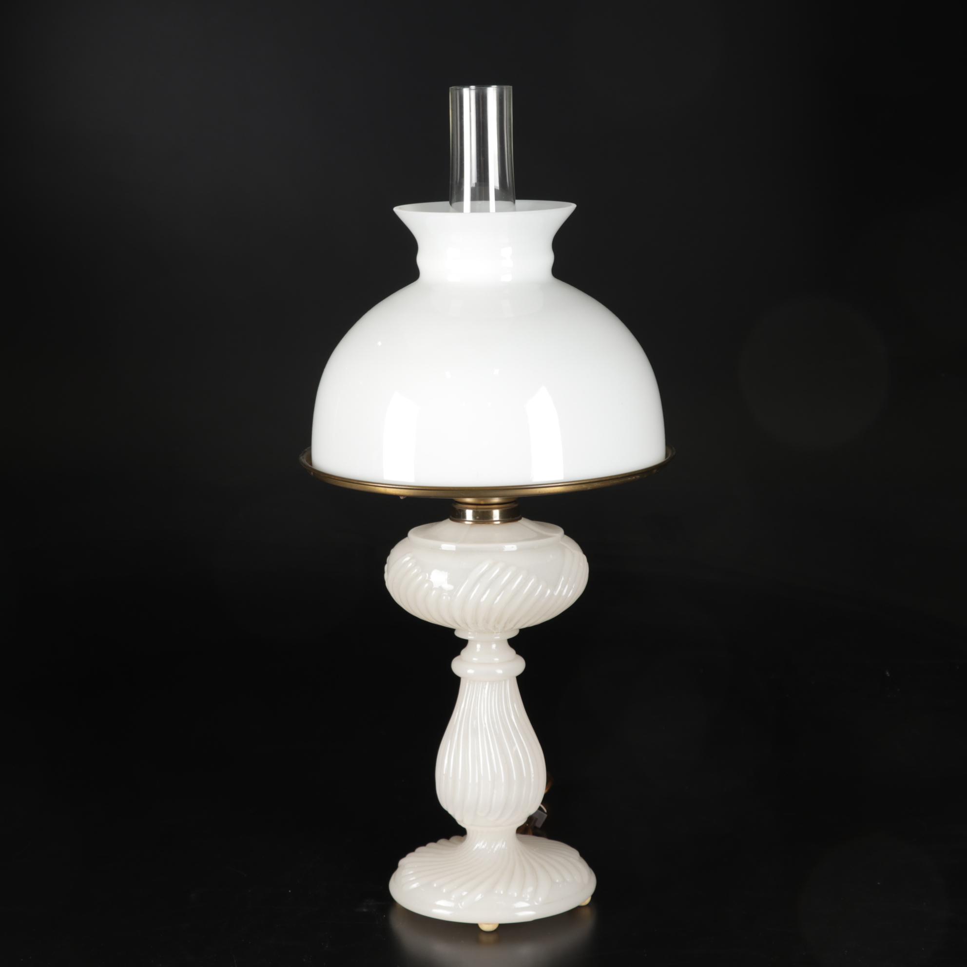 Victorian Style Milk Glass Student Lamp with Embroidered Table Linens