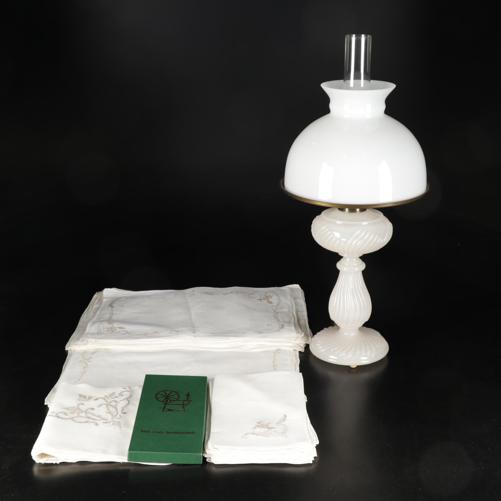 Victorian Style Milk Glass Student Lamp with Embroidered Table Linens