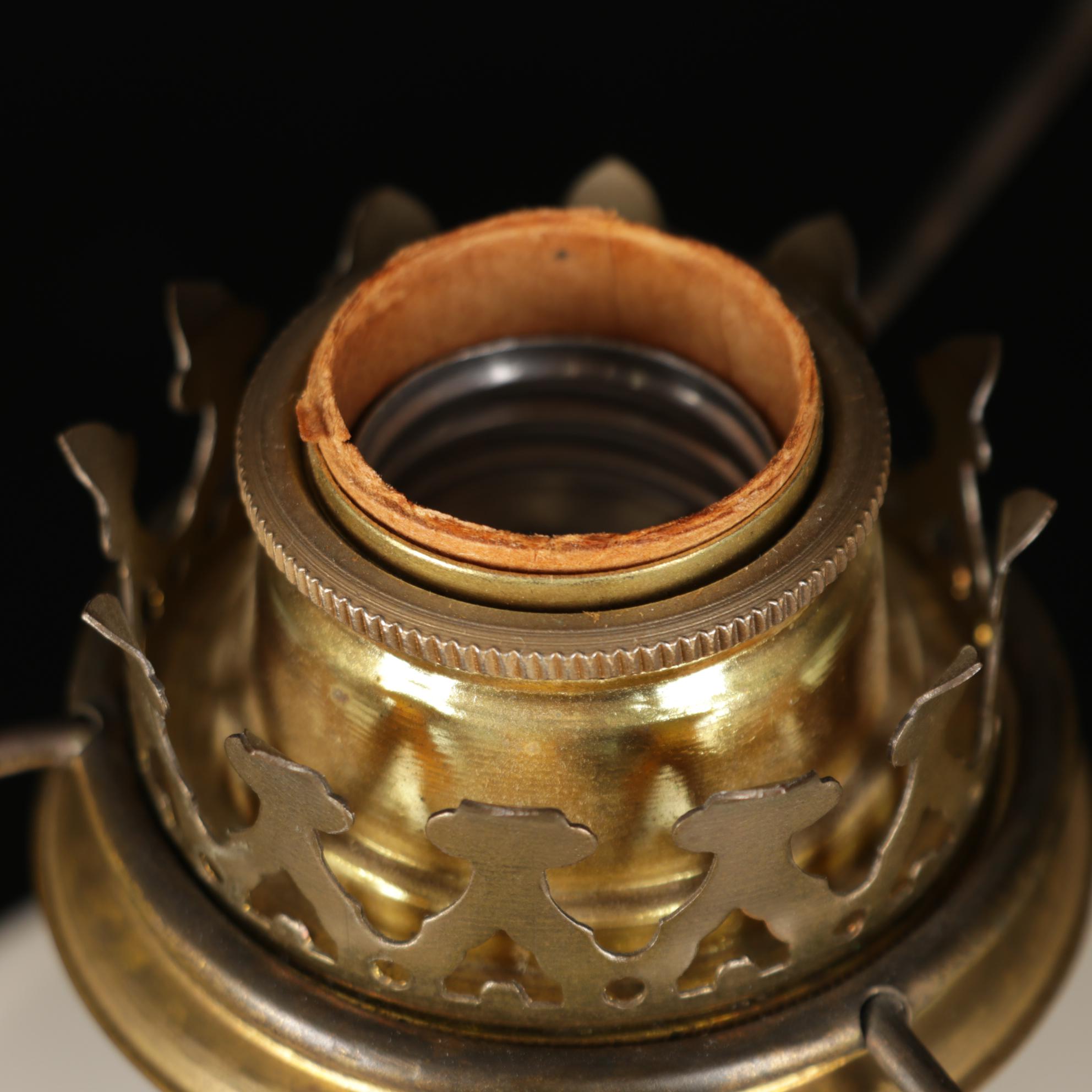 Victorian Style Milk Glass Student Lamp with Embroidered Table Linens