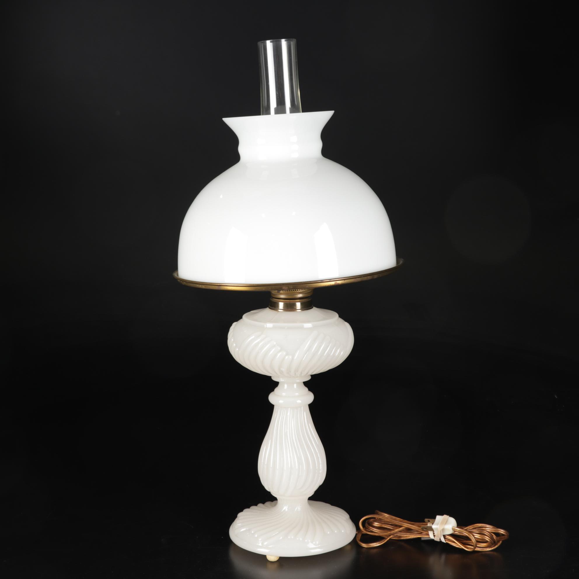 Victorian Style Milk Glass Student Lamp with Embroidered Table Linens
