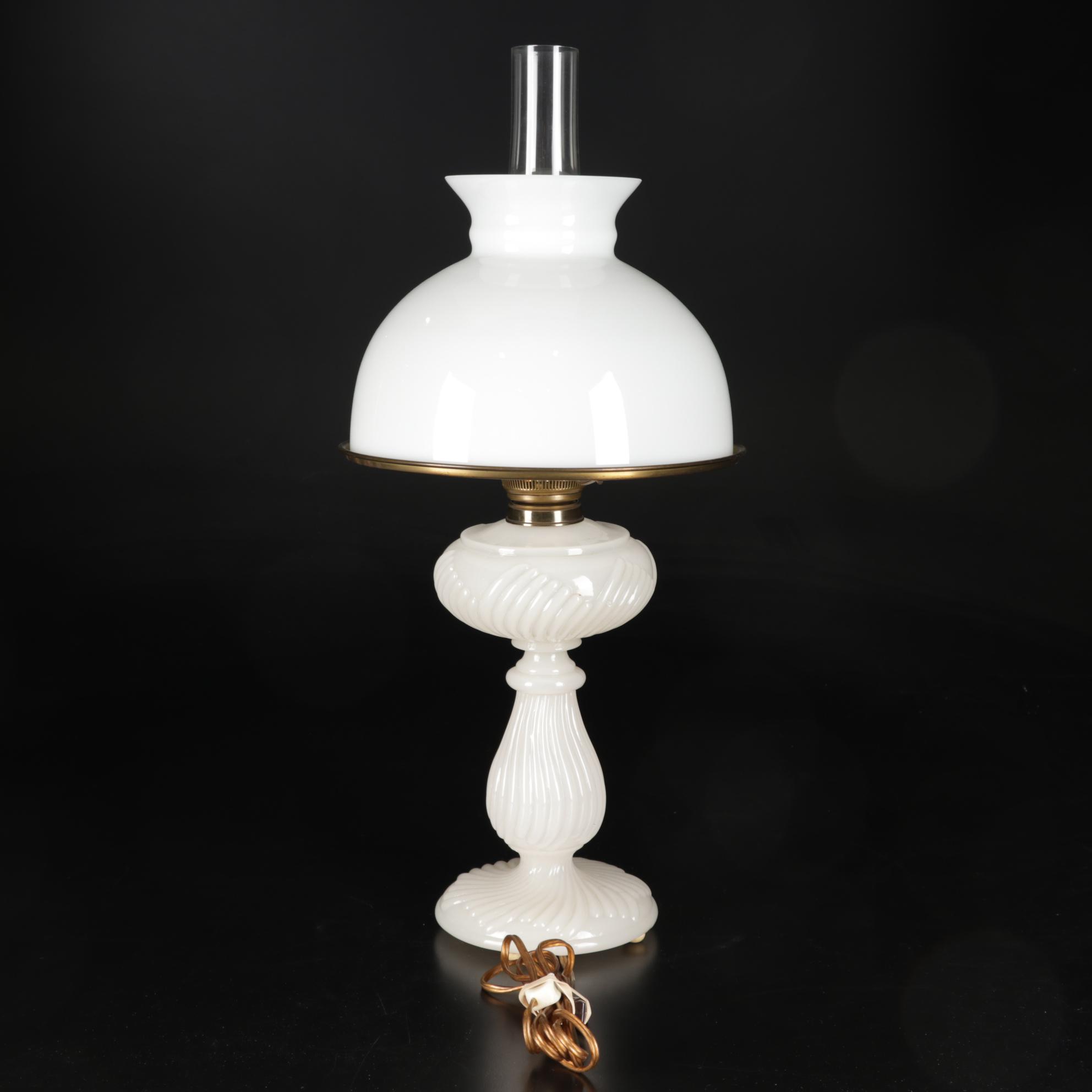 Victorian Style Milk Glass Student Lamp with Embroidered Table Linens