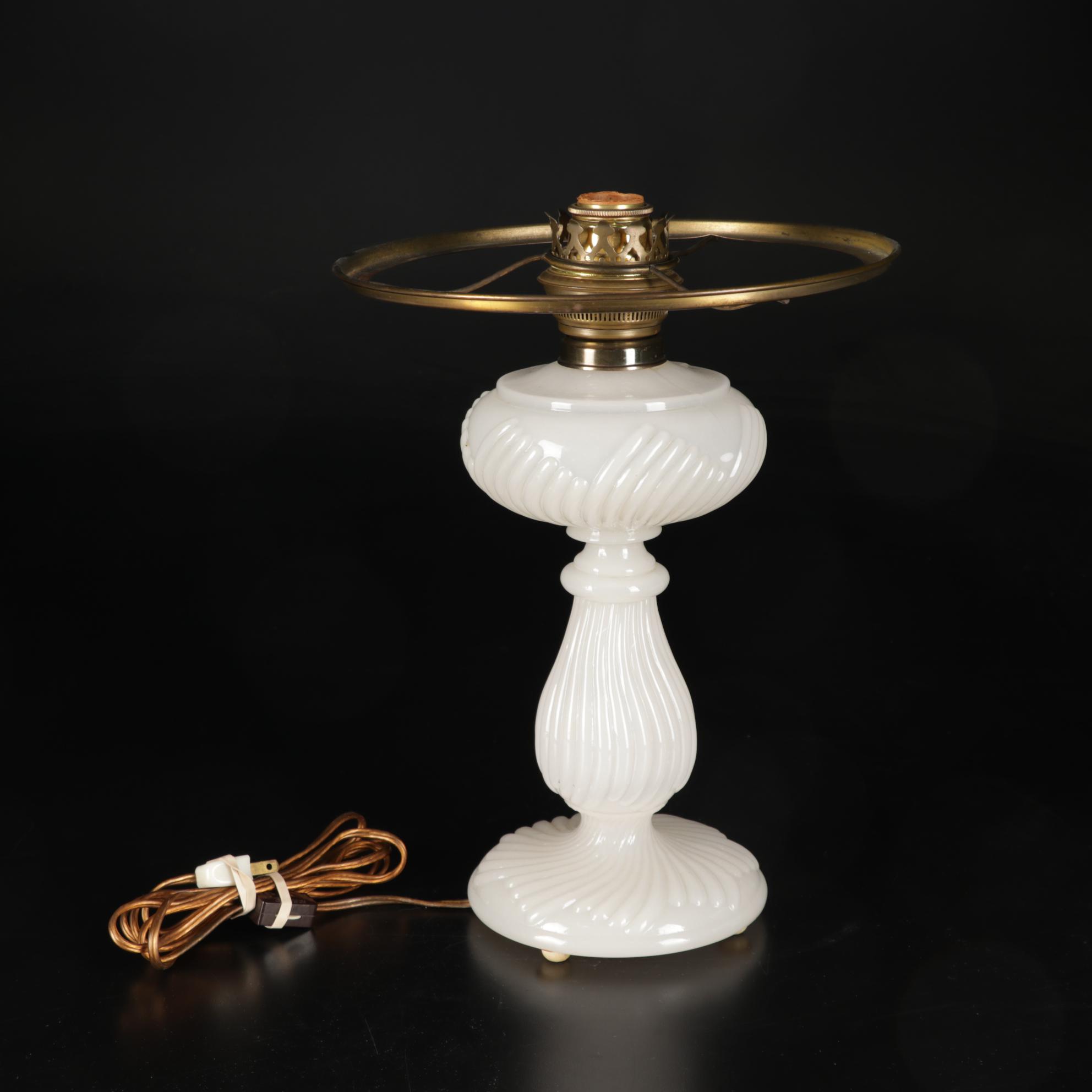 Victorian Style Milk Glass Student Lamp with Embroidered Table Linens