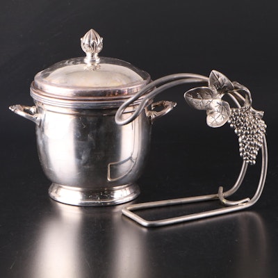 Grape Motif Silver Plate Bottle Holder with Silver Place Ice Bucket