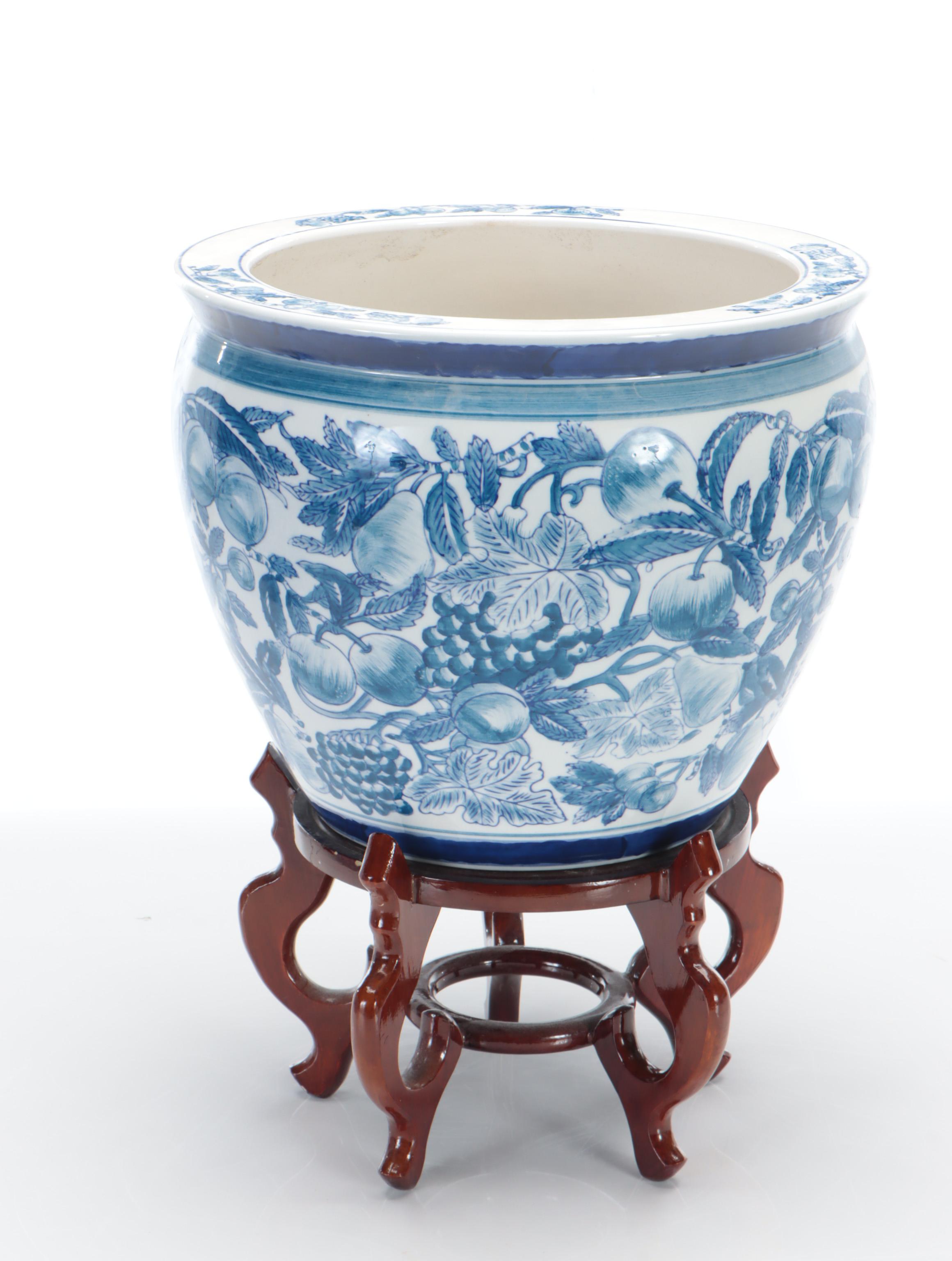 Chinese Blue and White Porcelain Planters and Wooden Stand