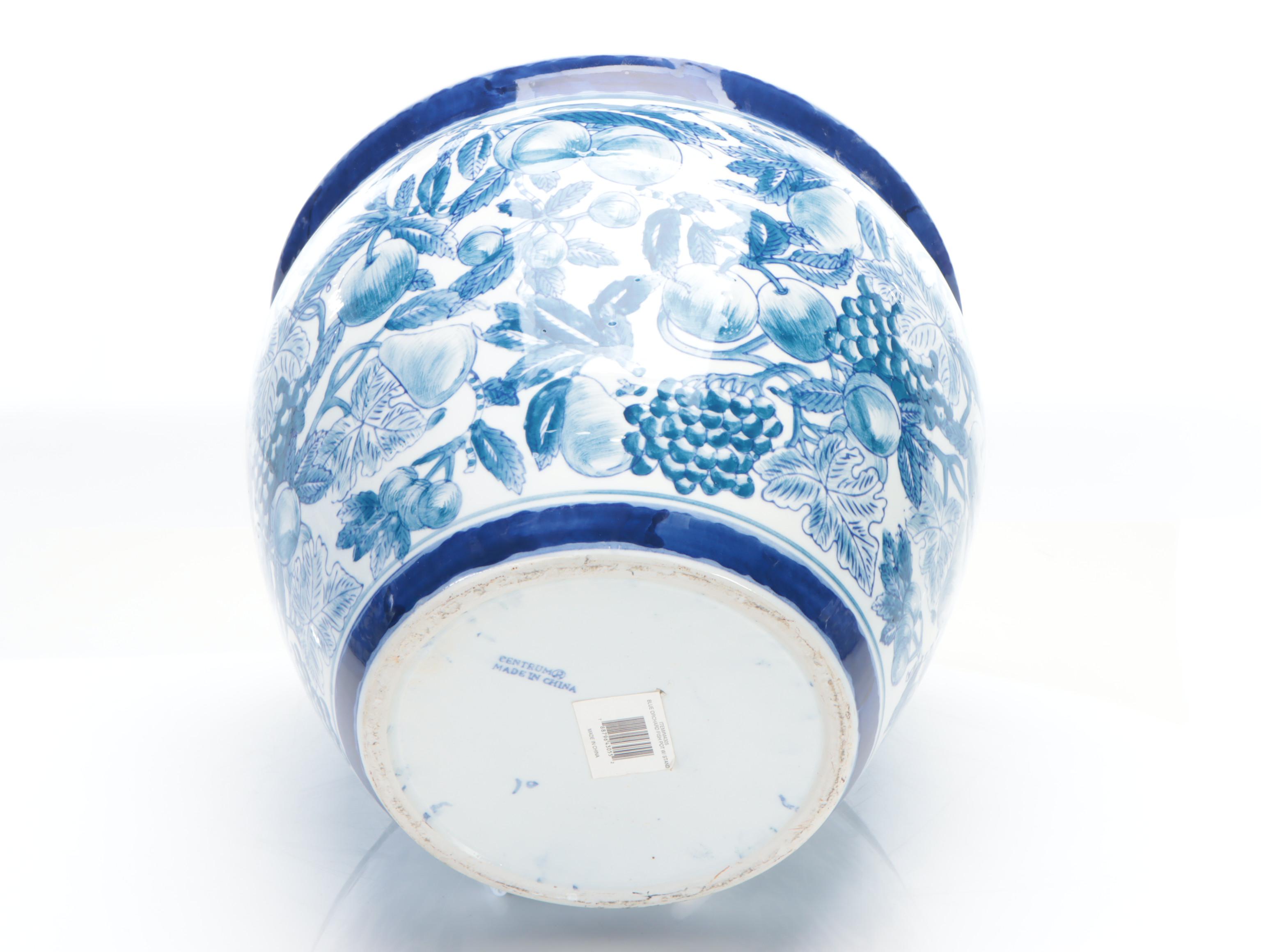 Chinese Blue and White Porcelain Planters and Wooden Stand