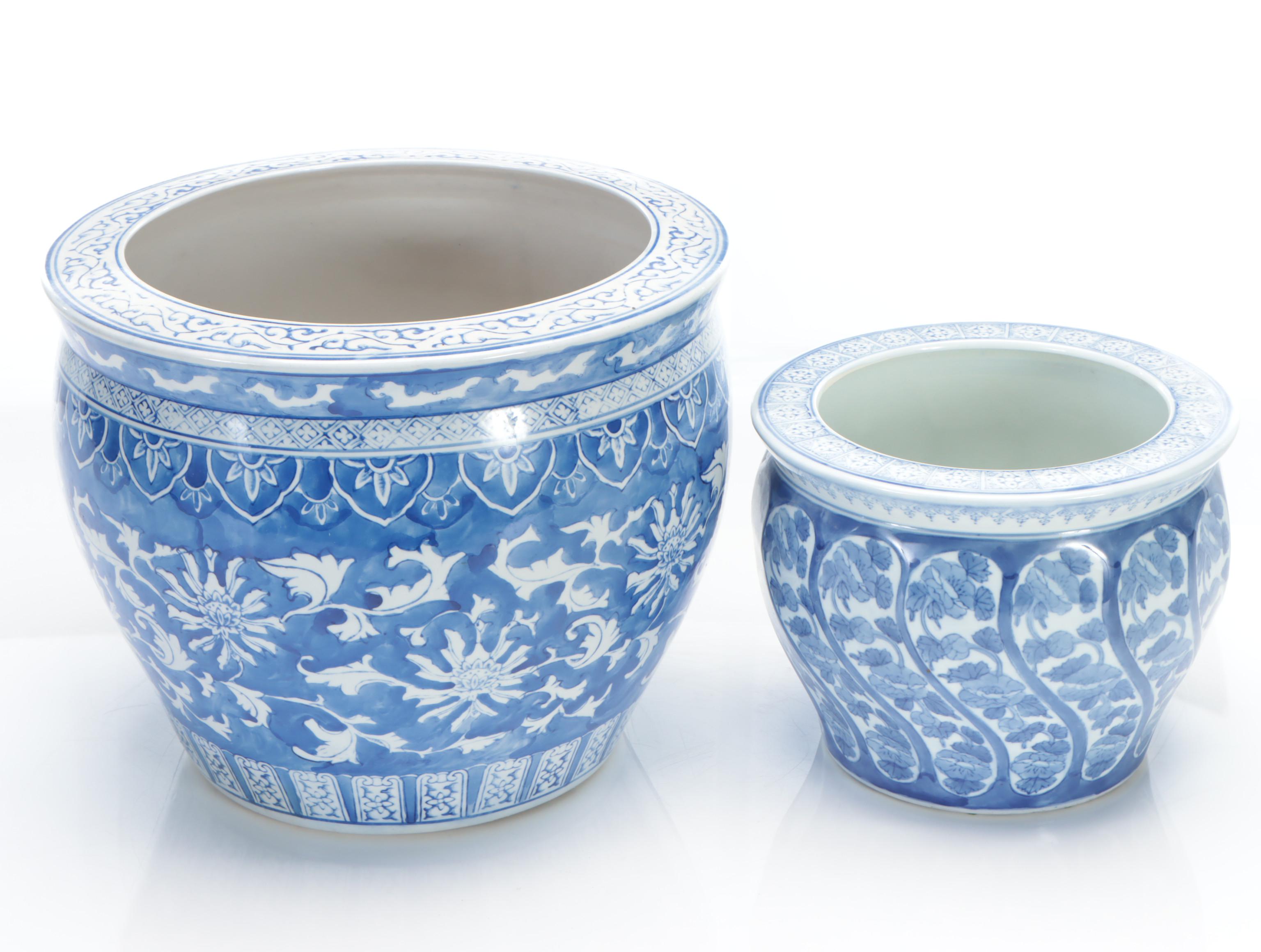 Chinese Blue and White Porcelain Planters and Wooden Stand