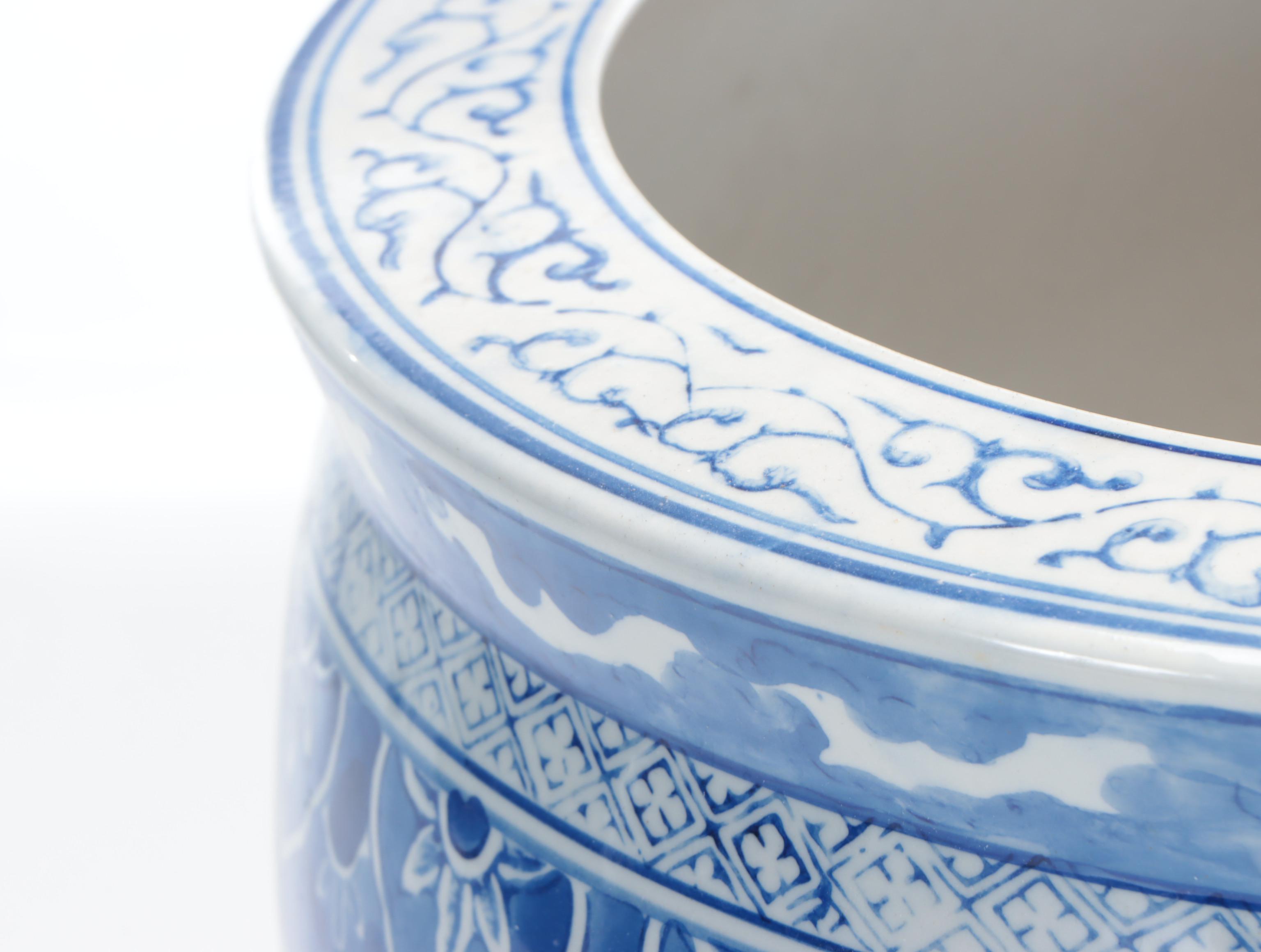 Chinese Blue and White Porcelain Planters and Wooden Stand