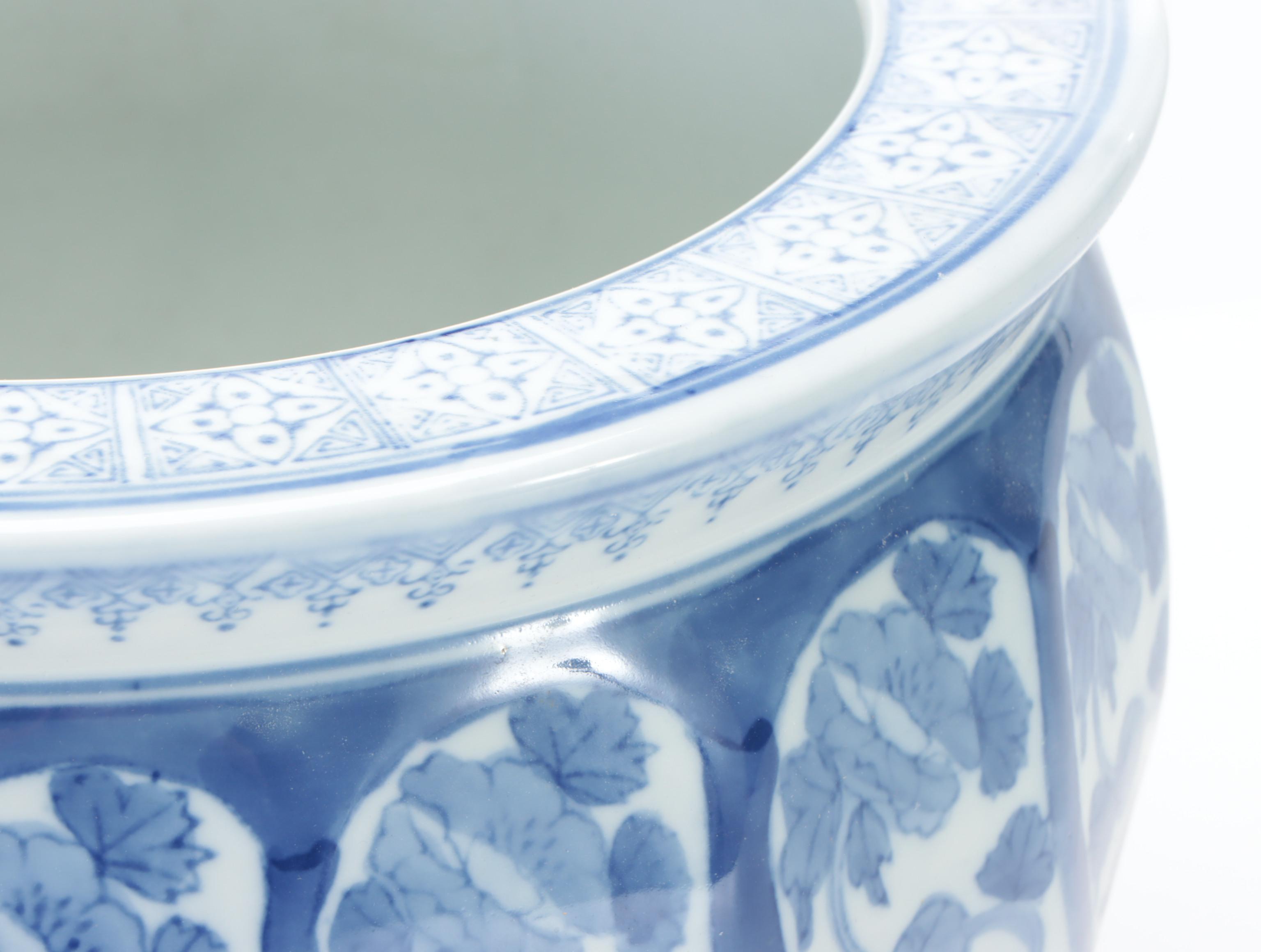 Chinese Blue and White Porcelain Planters and Wooden Stand