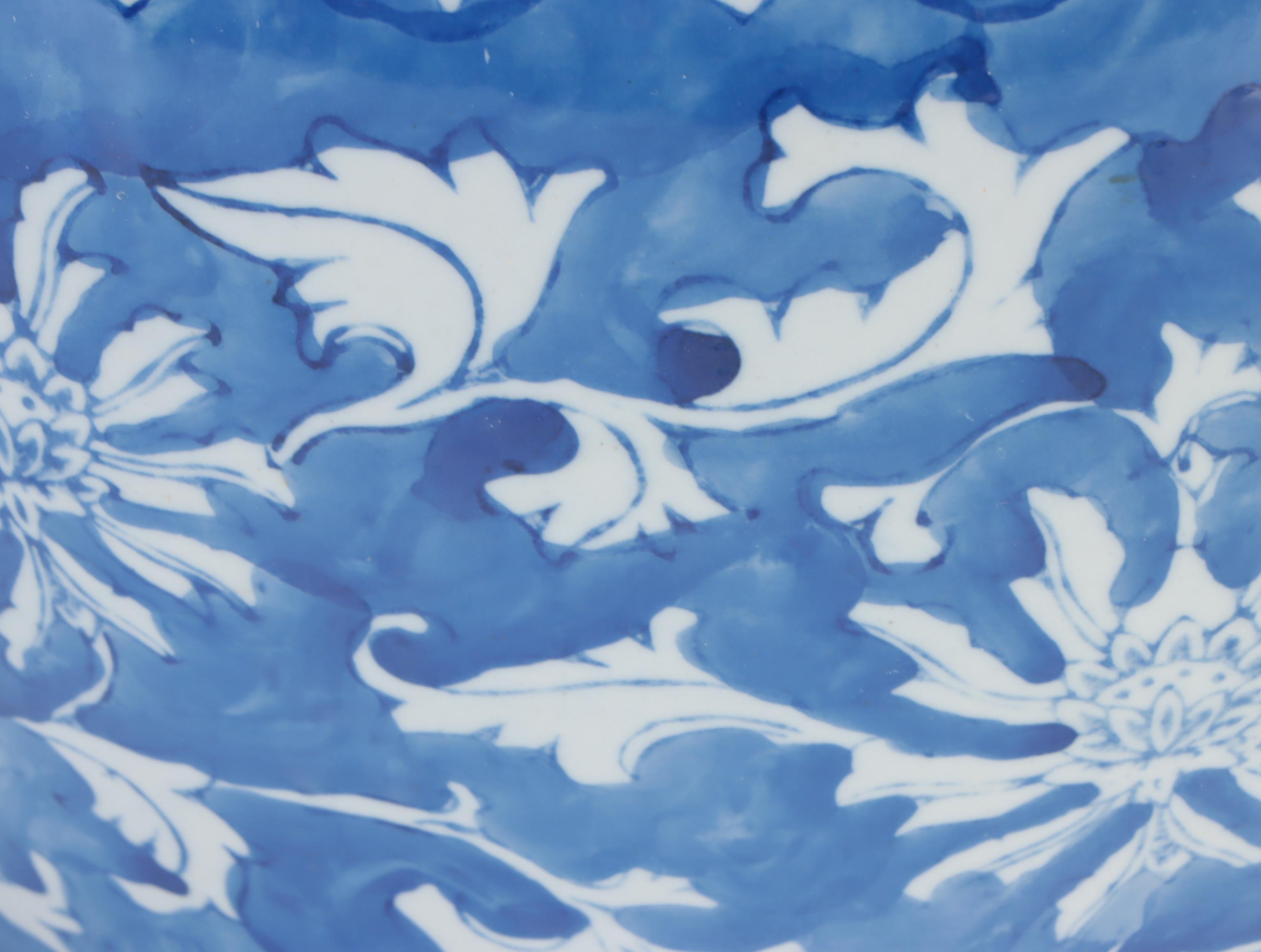 Chinese Blue and White Porcelain Planters and Wooden Stand