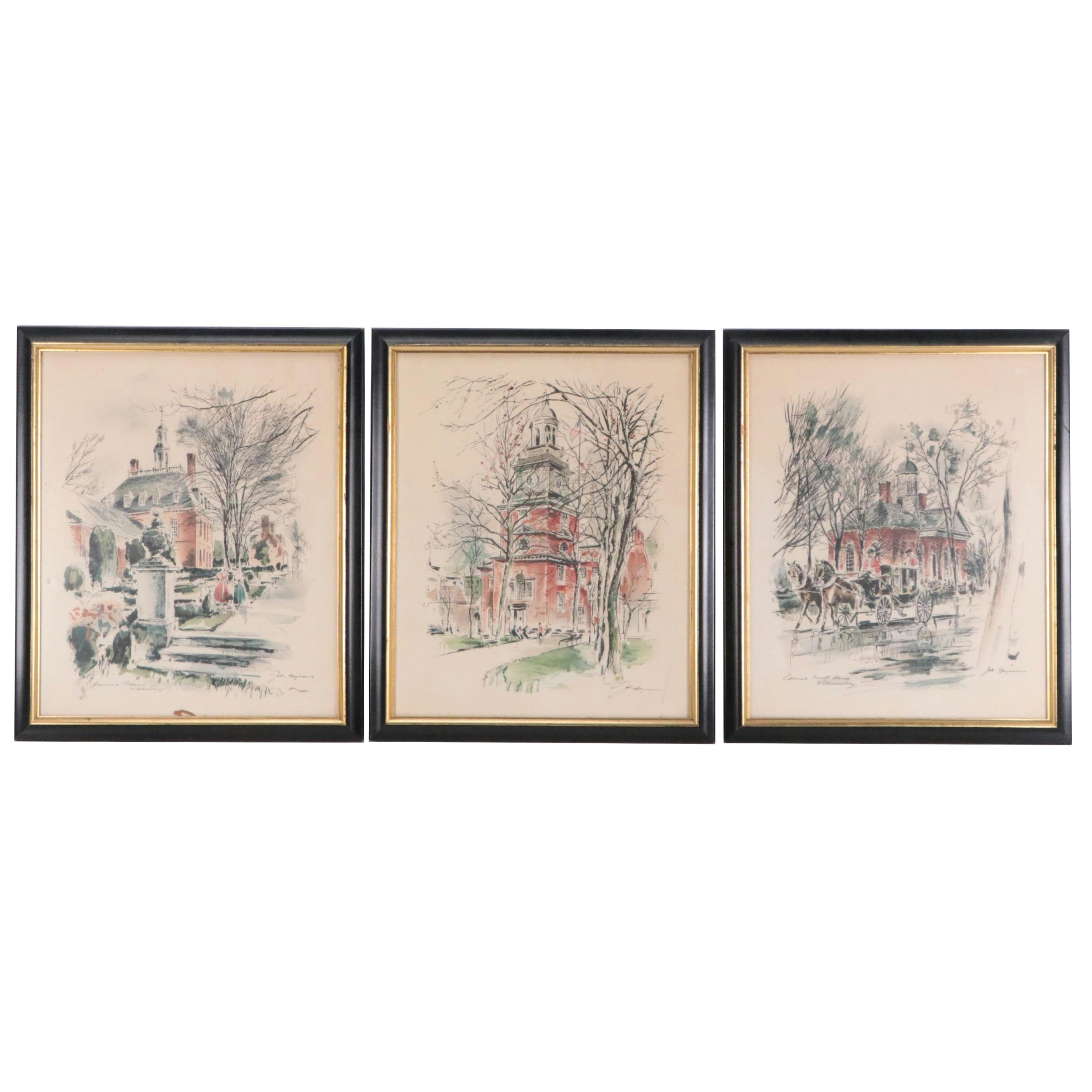 John Haymson Lithographs of Colonial Williamsburg and Philadelphia Landmarks