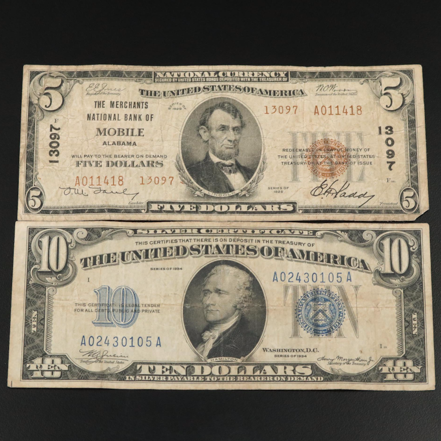 1929 Five Dollar National Bank Note and a 1934 Ten Dollar Silver Certificate