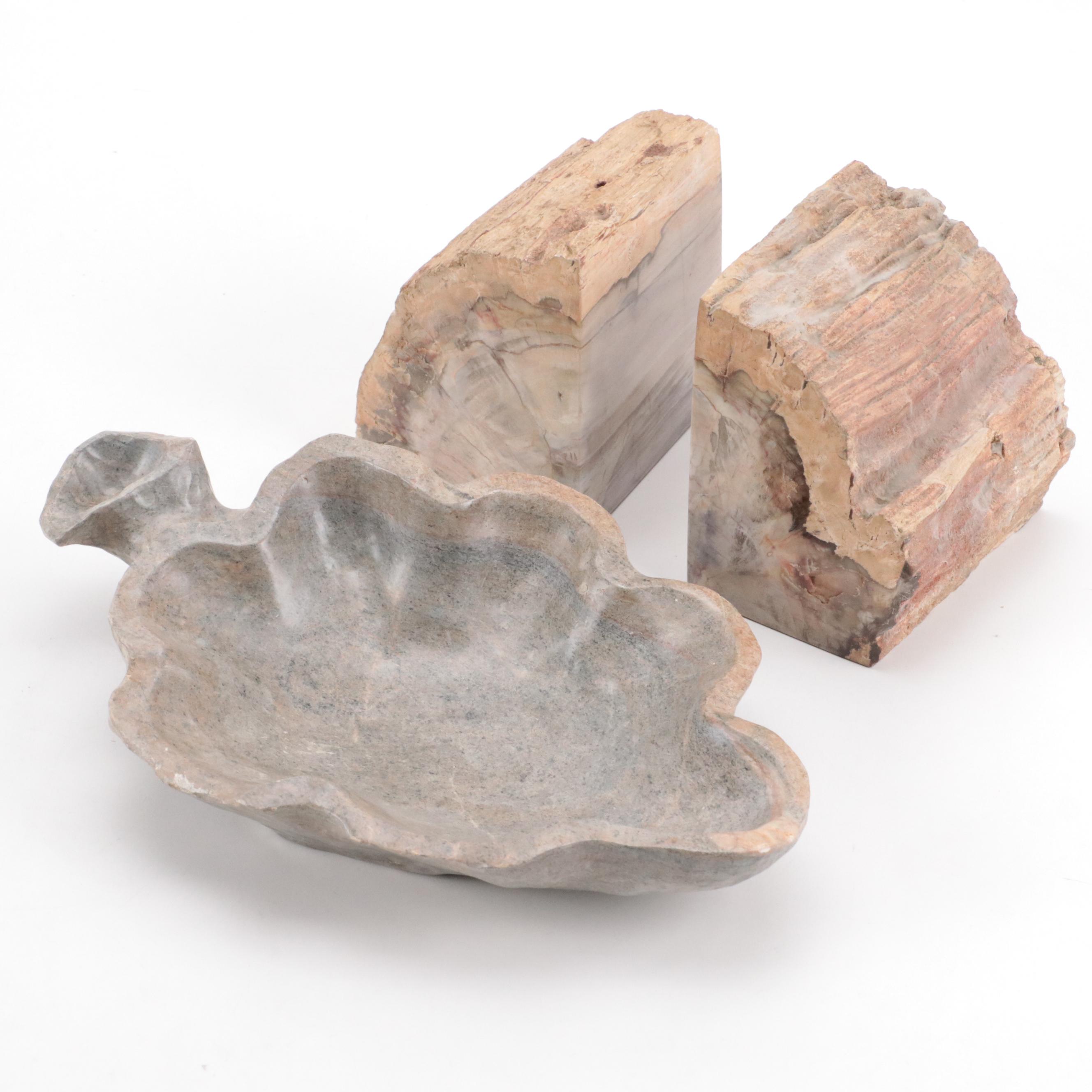 Opalized Petrified Wood Bookends with Carved Stone Bowl