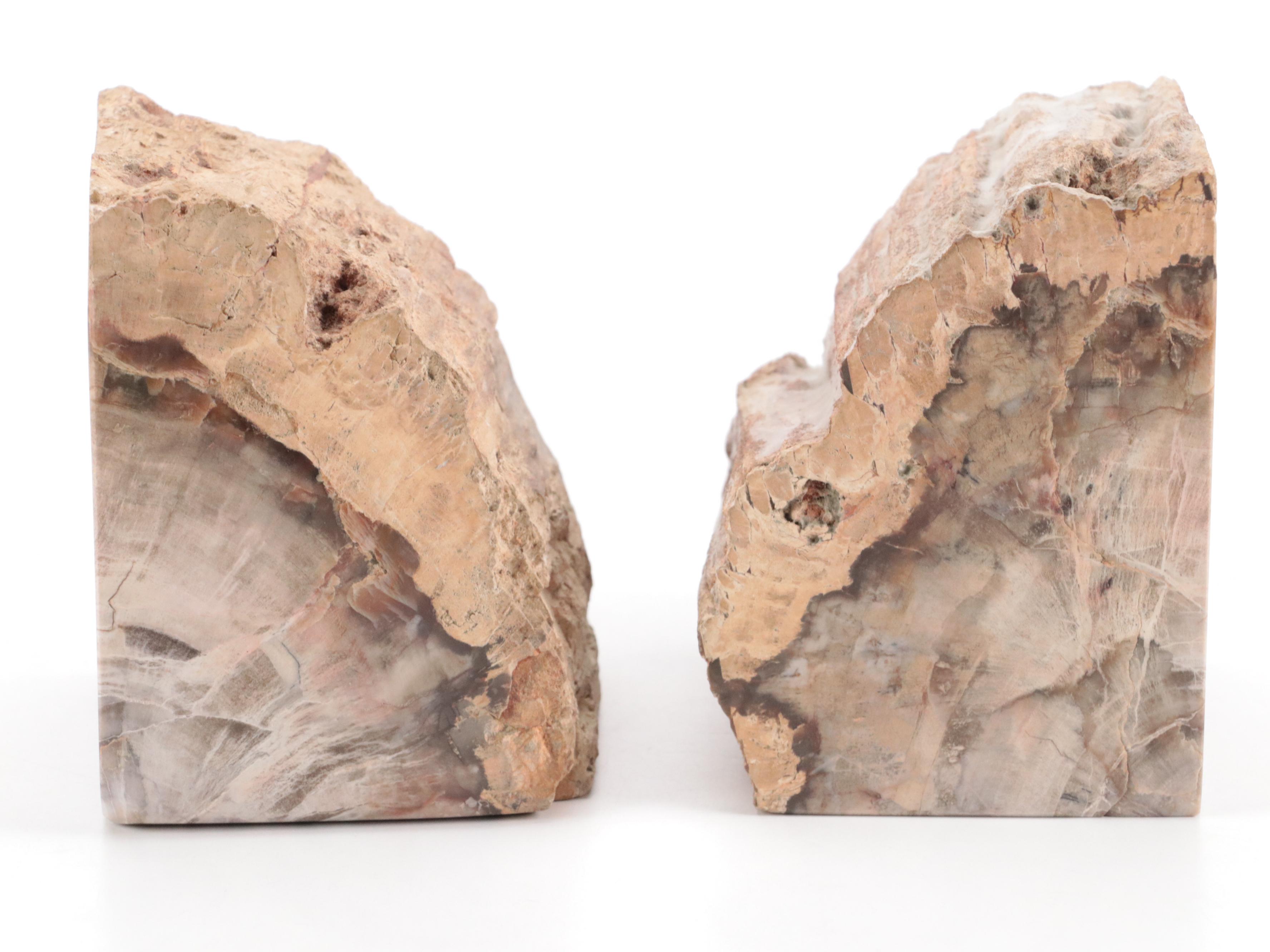 Opalized Petrified Wood Bookends with Carved Stone Bowl