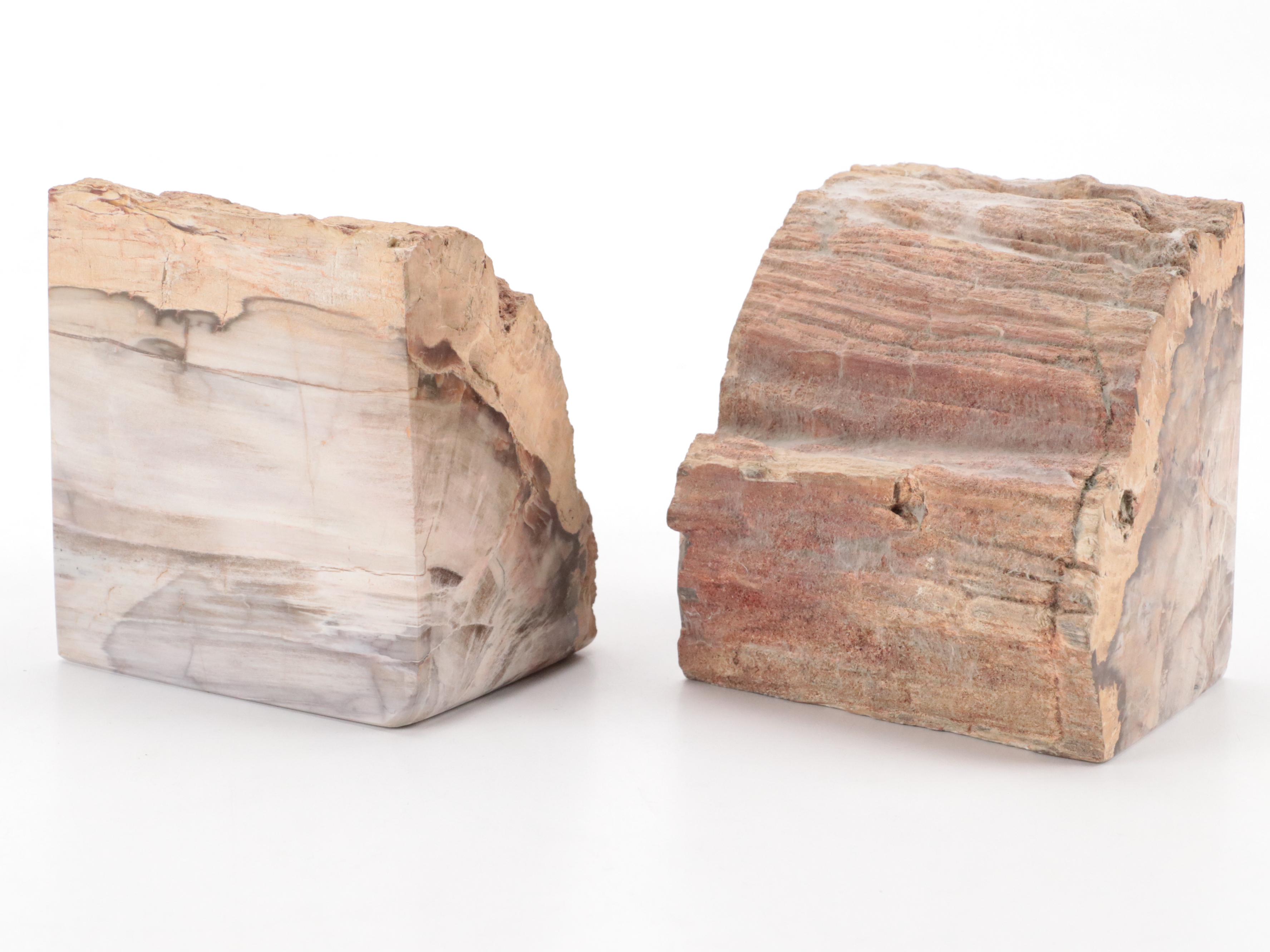 Opalized Petrified Wood Bookends with Carved Stone Bowl