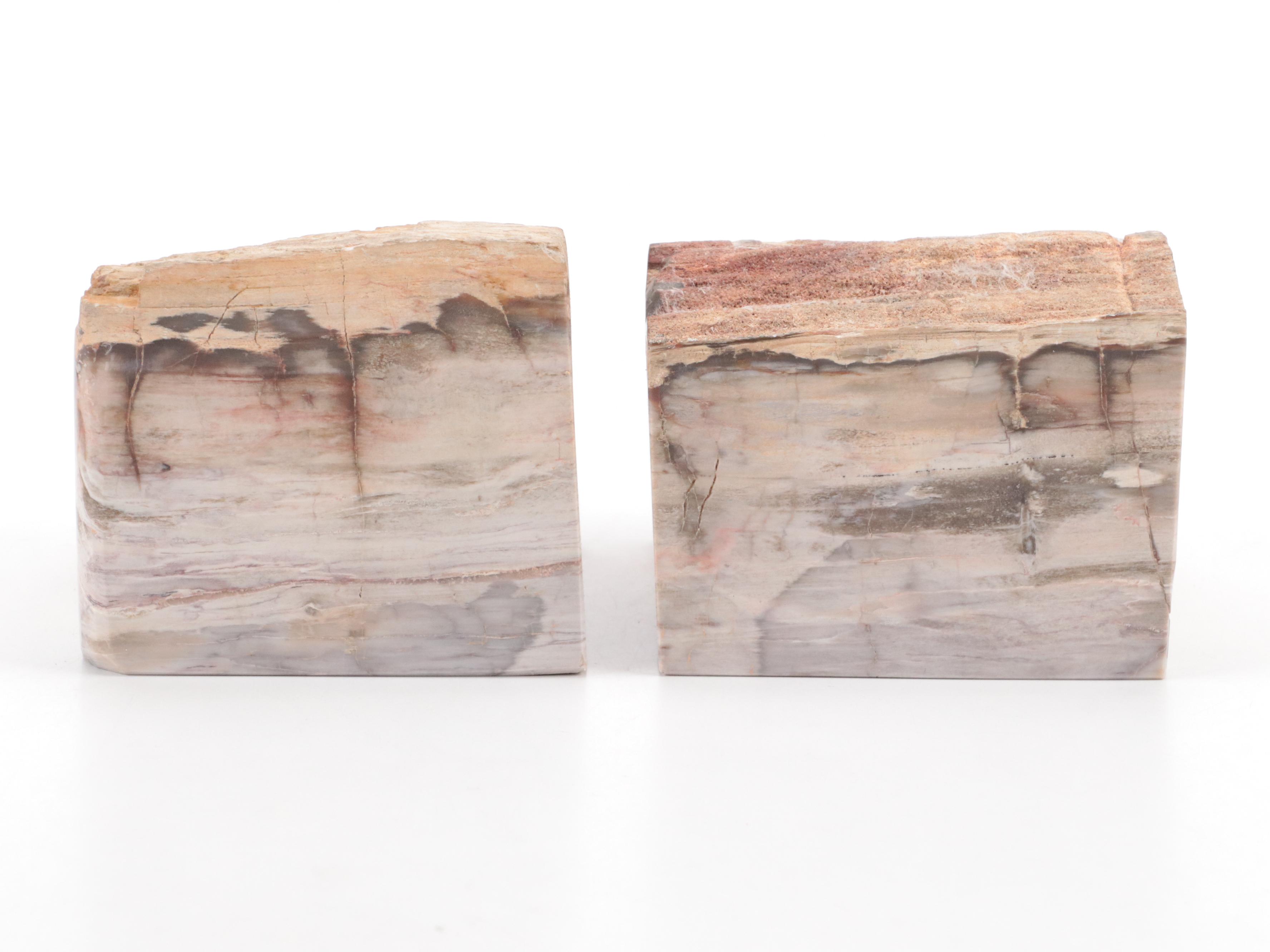 Opalized Petrified Wood Bookends with Carved Stone Bowl