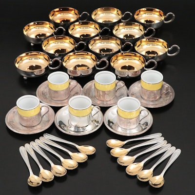 Brazilian Porcelain Espresso Cups and Metal Zarfs with Punch Cups and Spoons