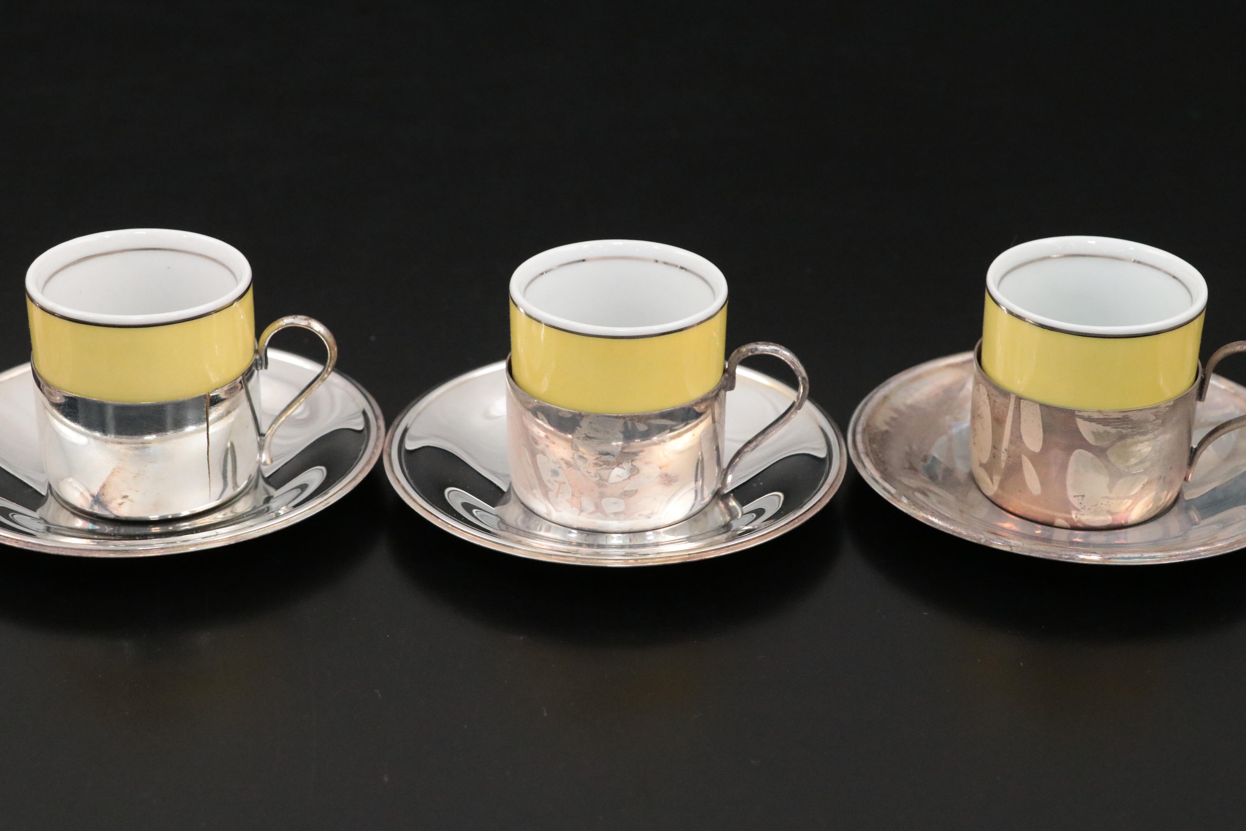 Brazilian Porcelain Espresso Cups and Metal Zarfs with Punch Cups and Spoons