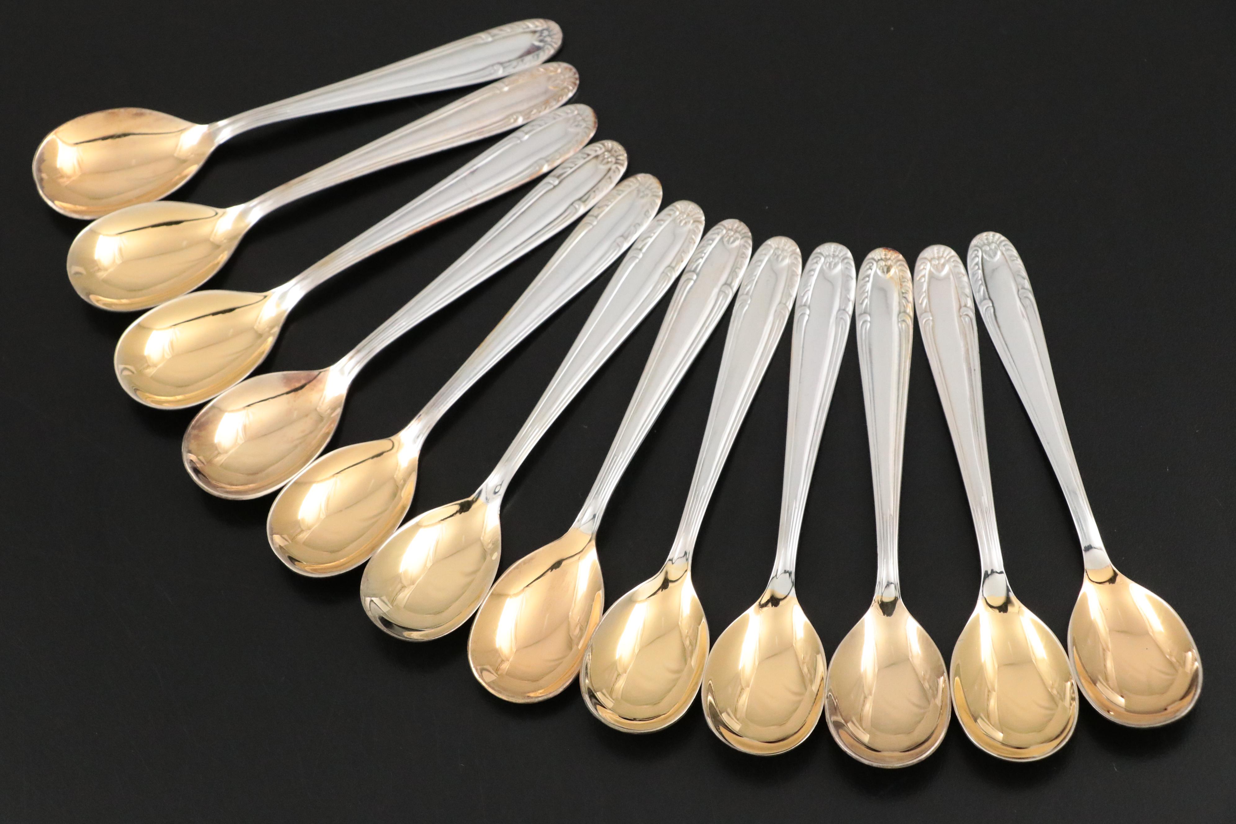 Brazilian Porcelain Espresso Cups and Metal Zarfs with Punch Cups and Spoons