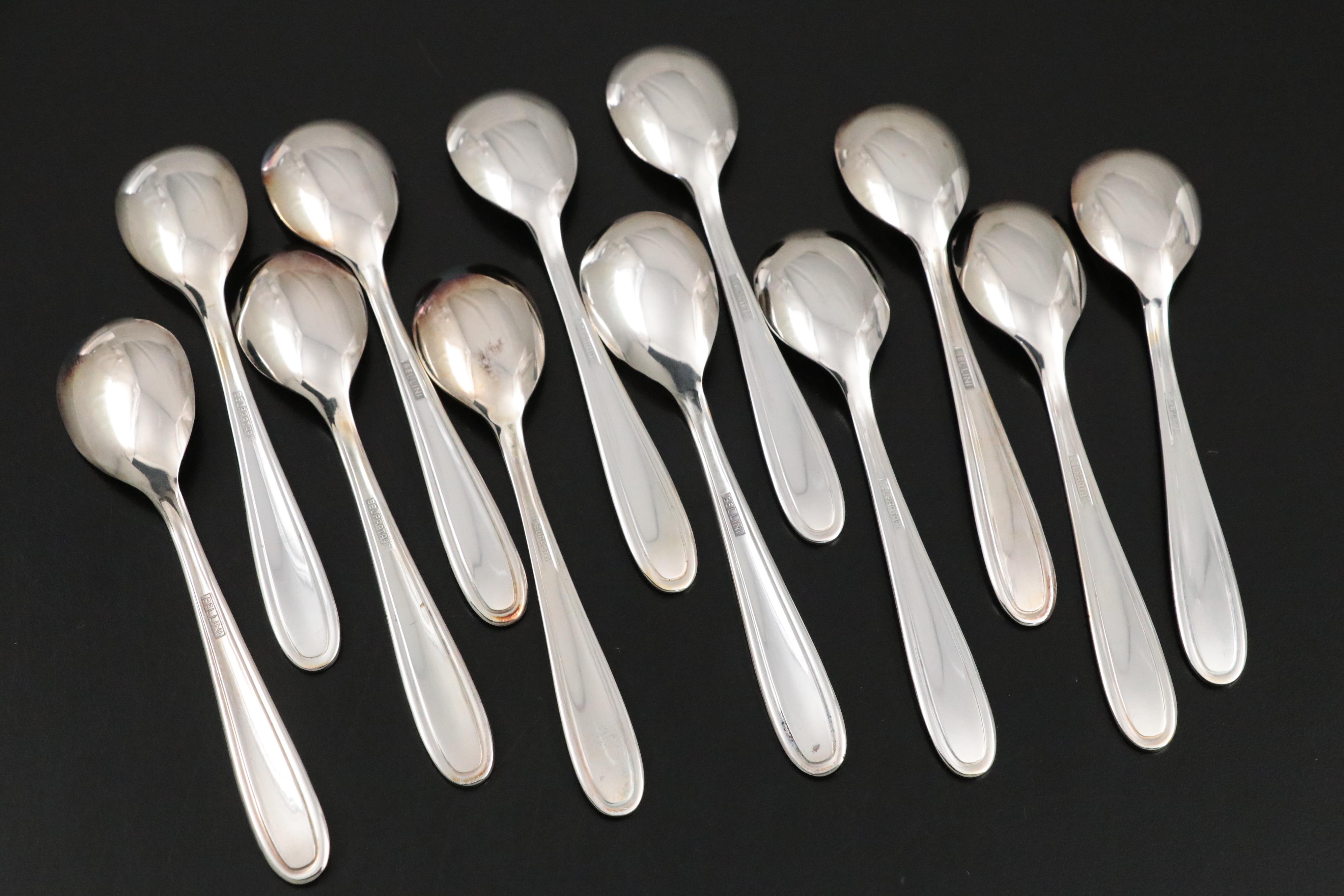 Brazilian Porcelain Espresso Cups and Metal Zarfs with Punch Cups and Spoons