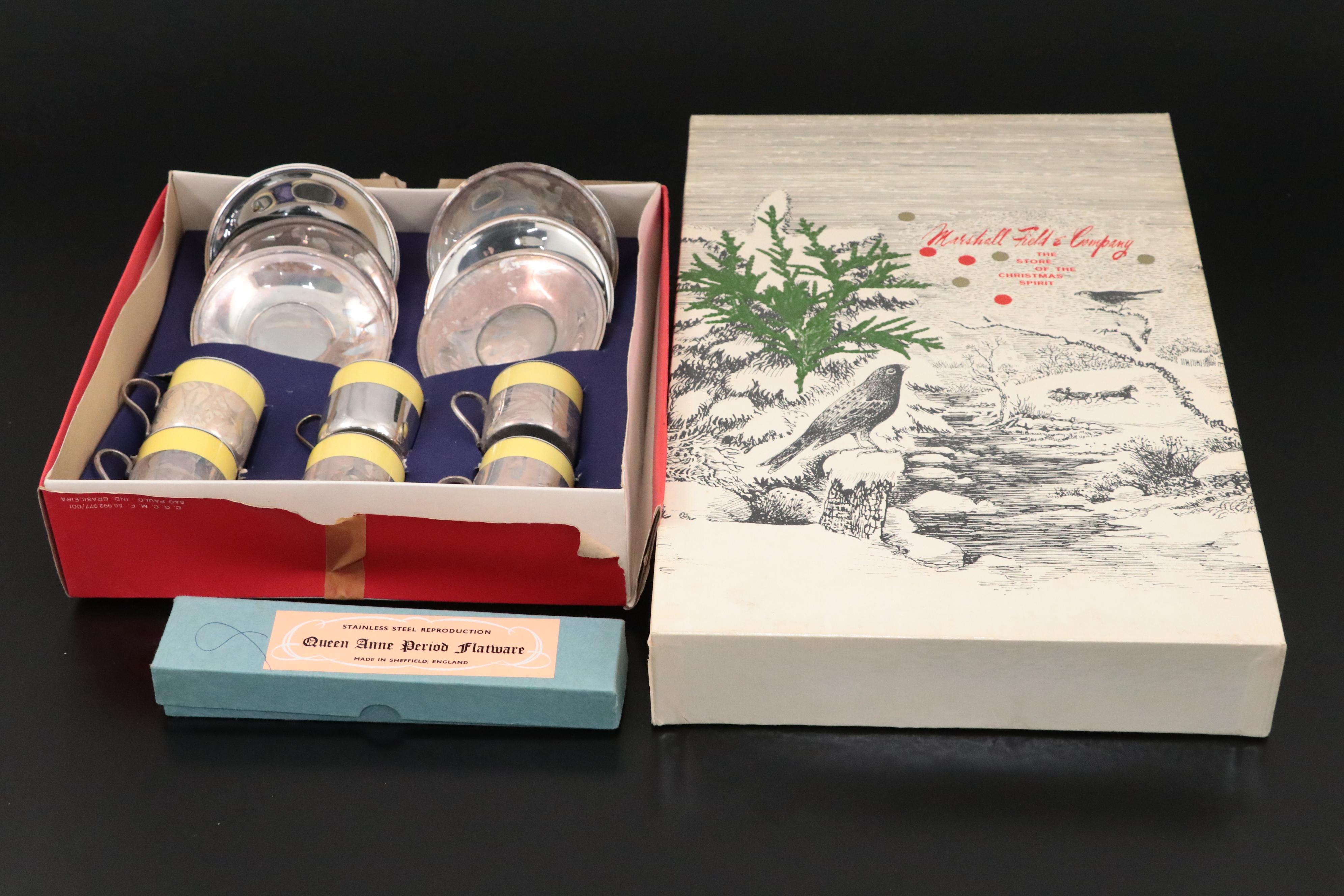 Brazilian Porcelain Espresso Cups and Metal Zarfs with Punch Cups and Spoons