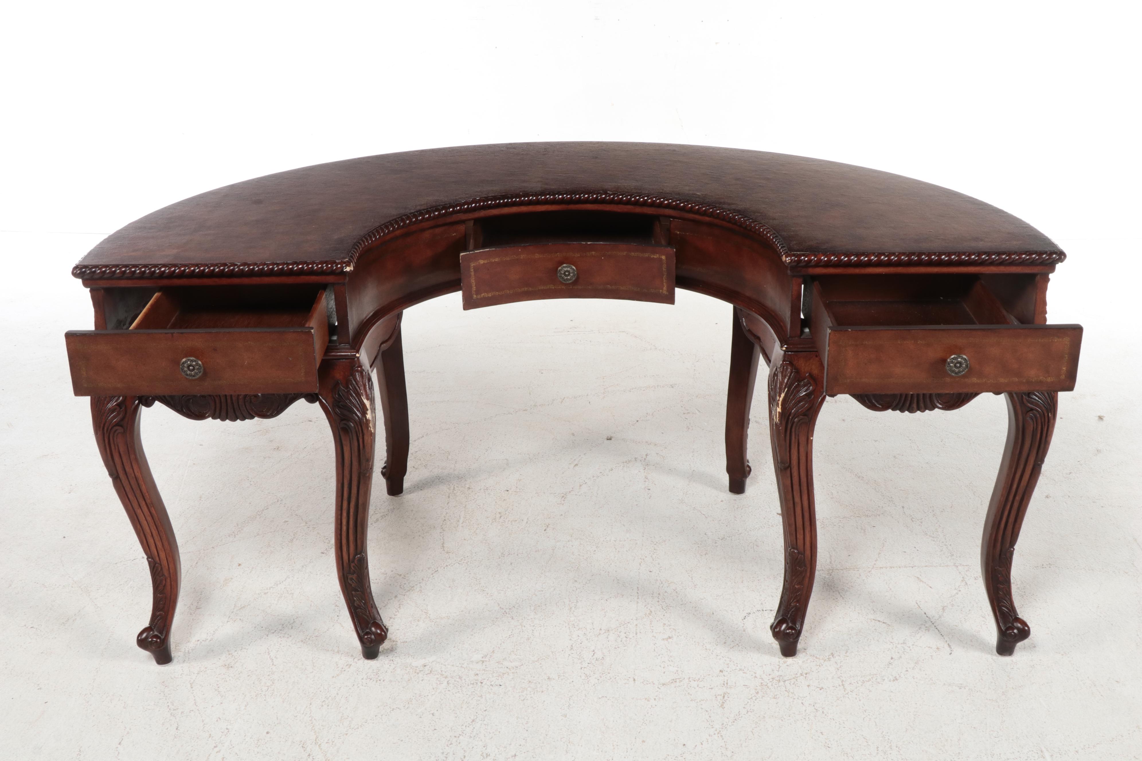 Regency Style Carved Mahogany Finish Crescent Shaped Desk