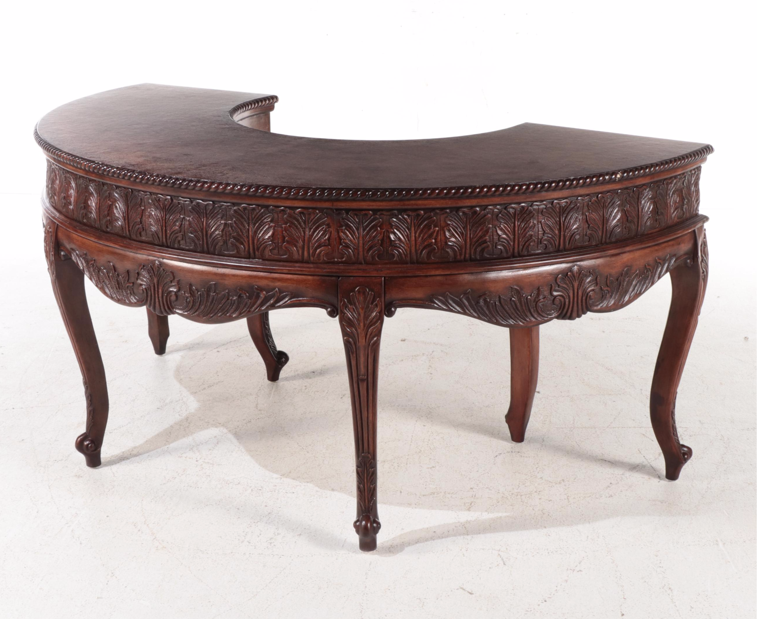 Regency Style Carved Mahogany Finish Crescent Shaped Desk