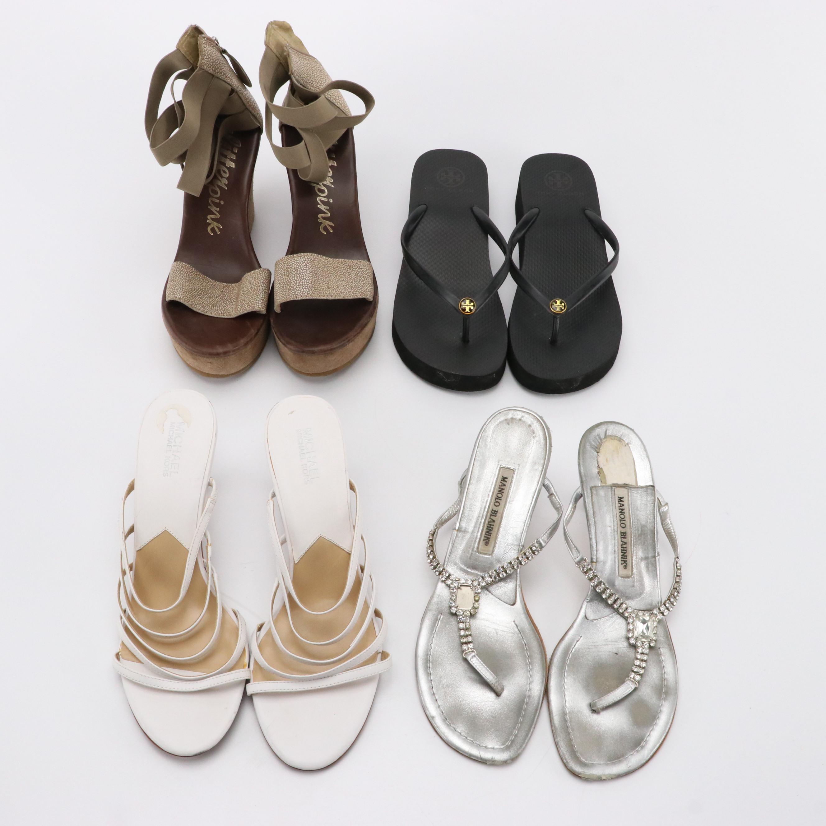 Tory Burch, Michael Kors, Manolo Blahnik Strappy Heels with Glitter Pink Wedges