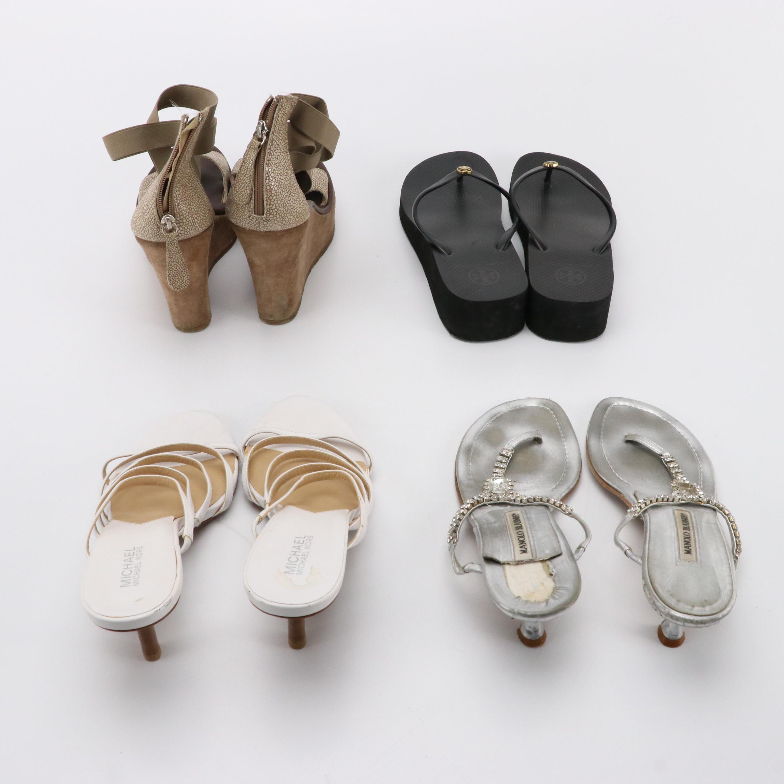 Tory Burch, Michael Kors, Manolo Blahnik Strappy Heels with Glitter Pink Wedges