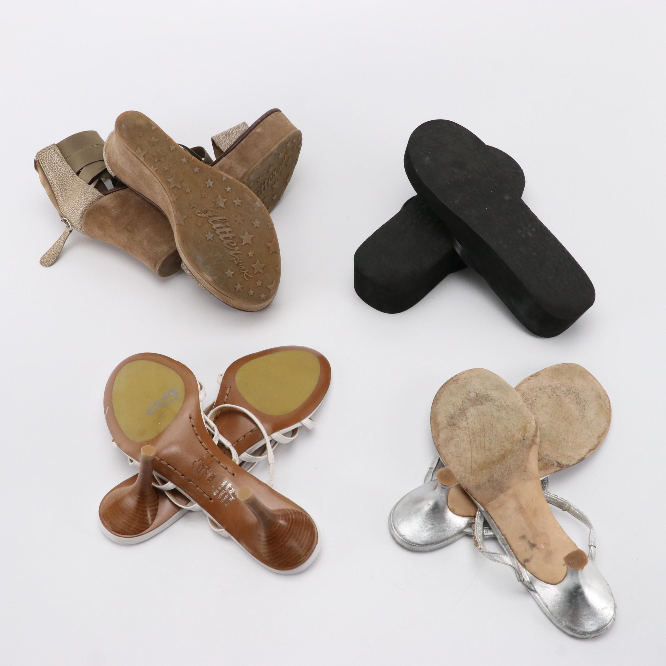 Tory Burch, Michael Kors, Manolo Blahnik Strappy Heels with Glitter Pink Wedges