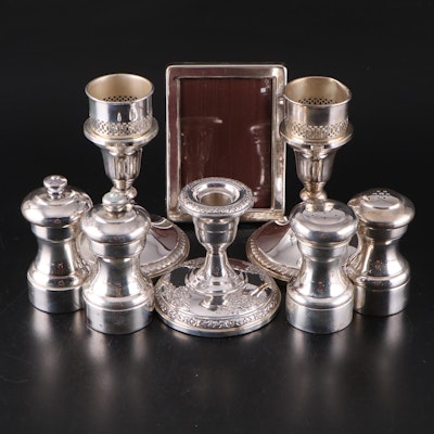 Towle and Fisher Sterling Silver Candlesticks, Mills and Shakers with Frame