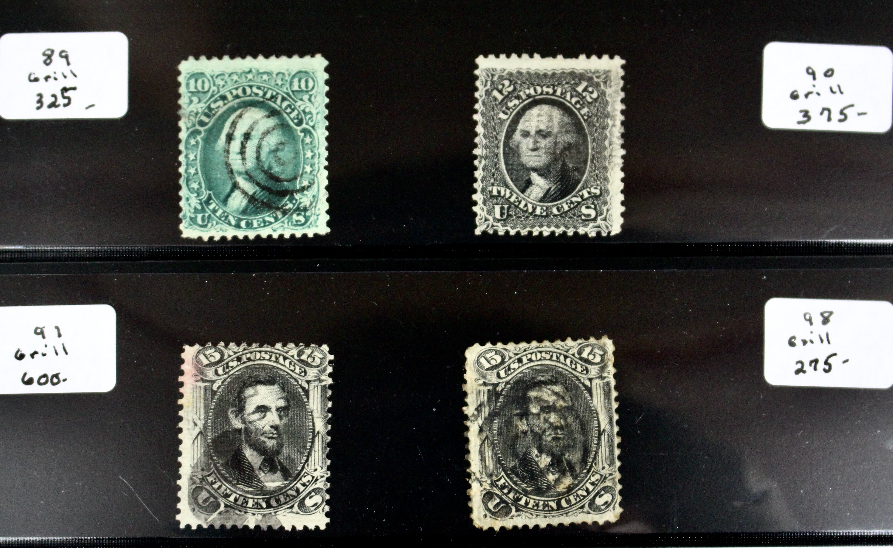 Four Early U.S. Postage Stamps, All With Grills, 1867-1868