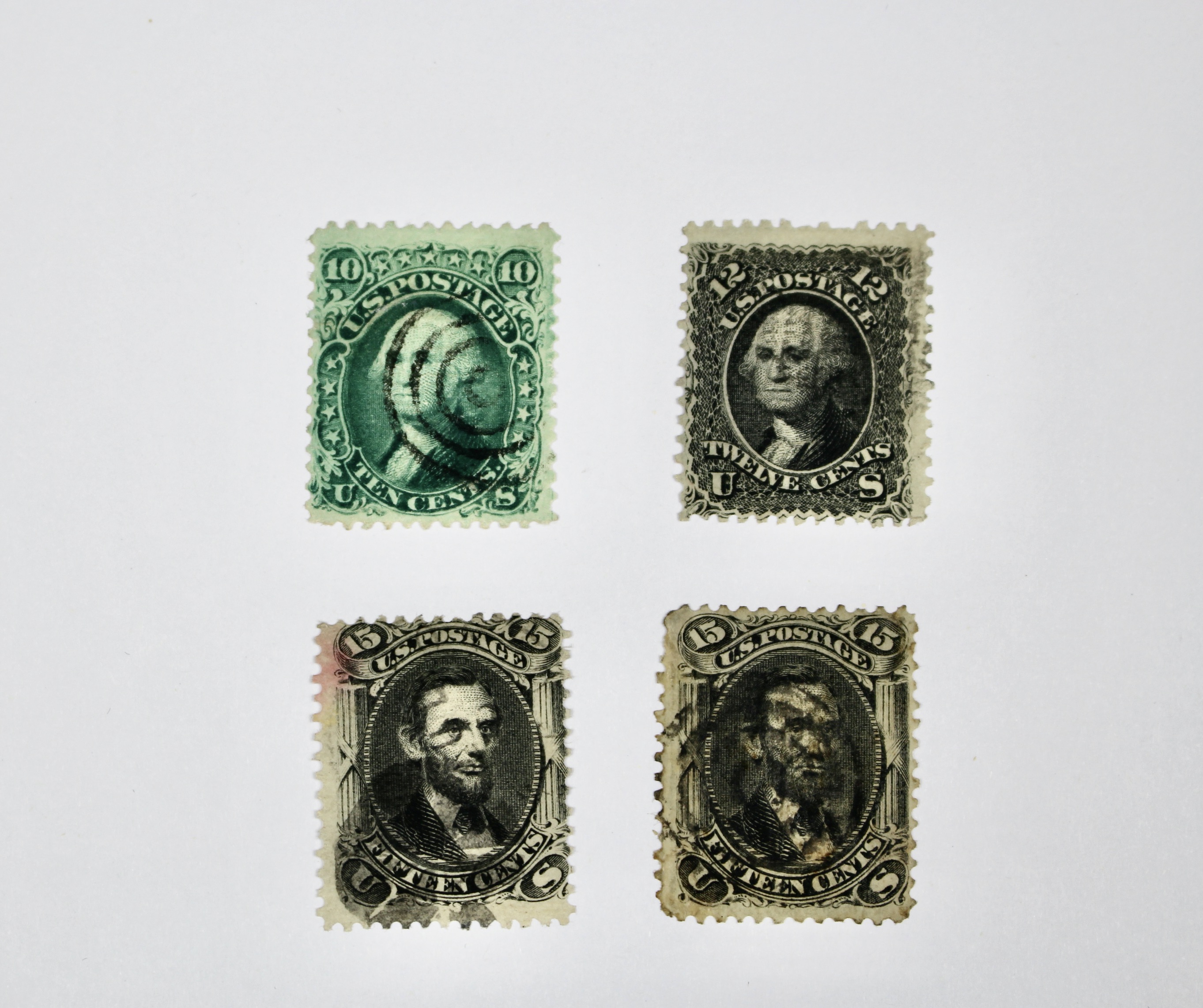 Four Early U.S. Postage Stamps, All With Grills, 1867-1868